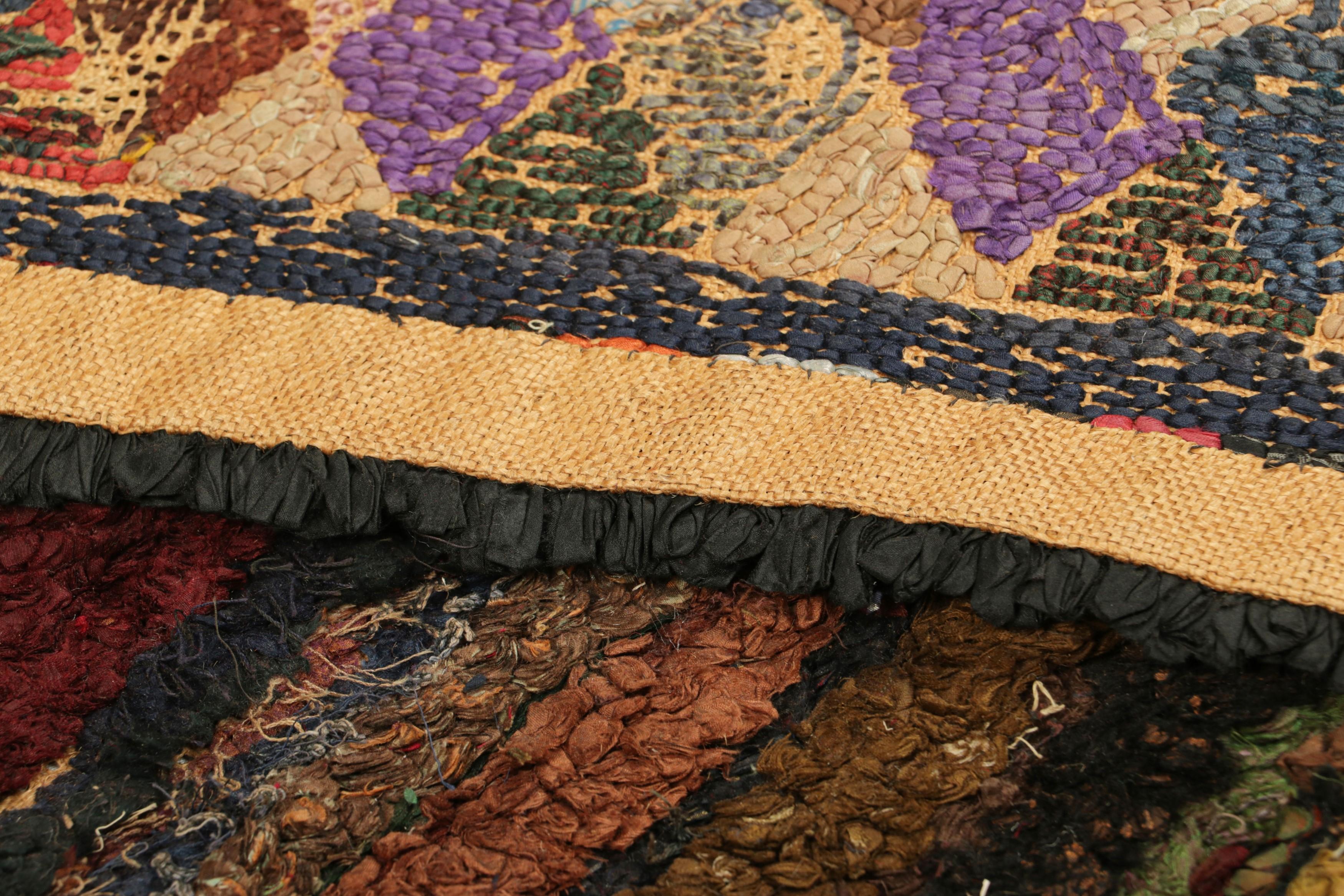 Wool Antique Hooked Geometric Rug in Beige-Brown Tones  Rug & Kilim For Sale