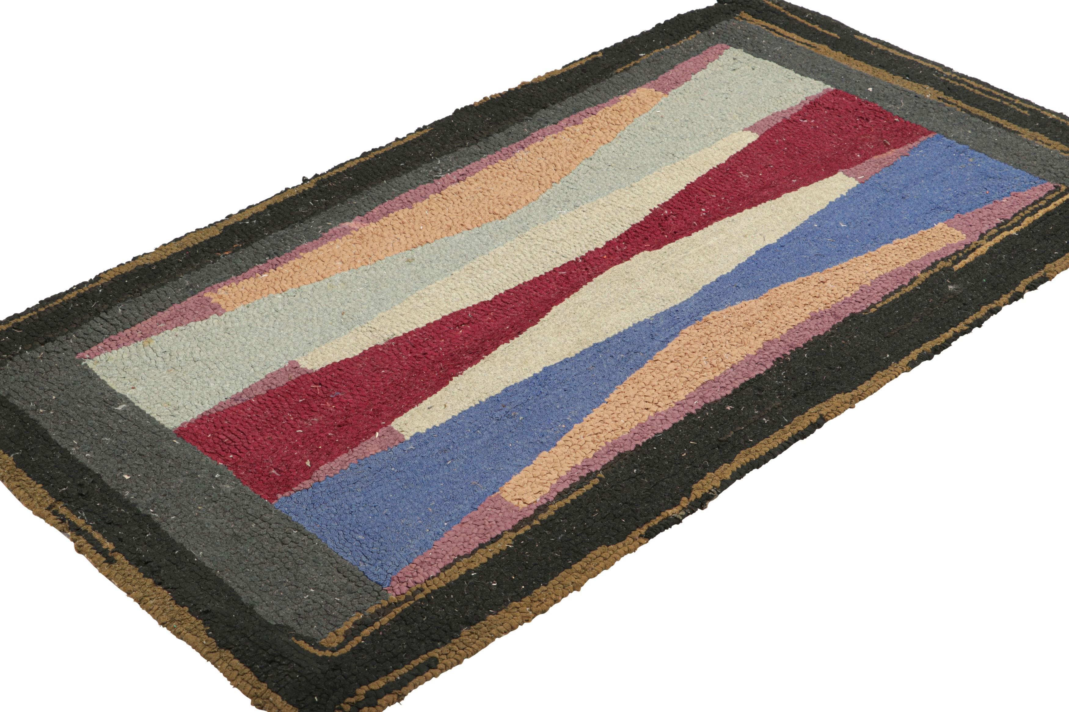 Hand-Knotted Antique Hooked Geometric Rug in Polychromatic Tones  Rug & Kilim For Sale