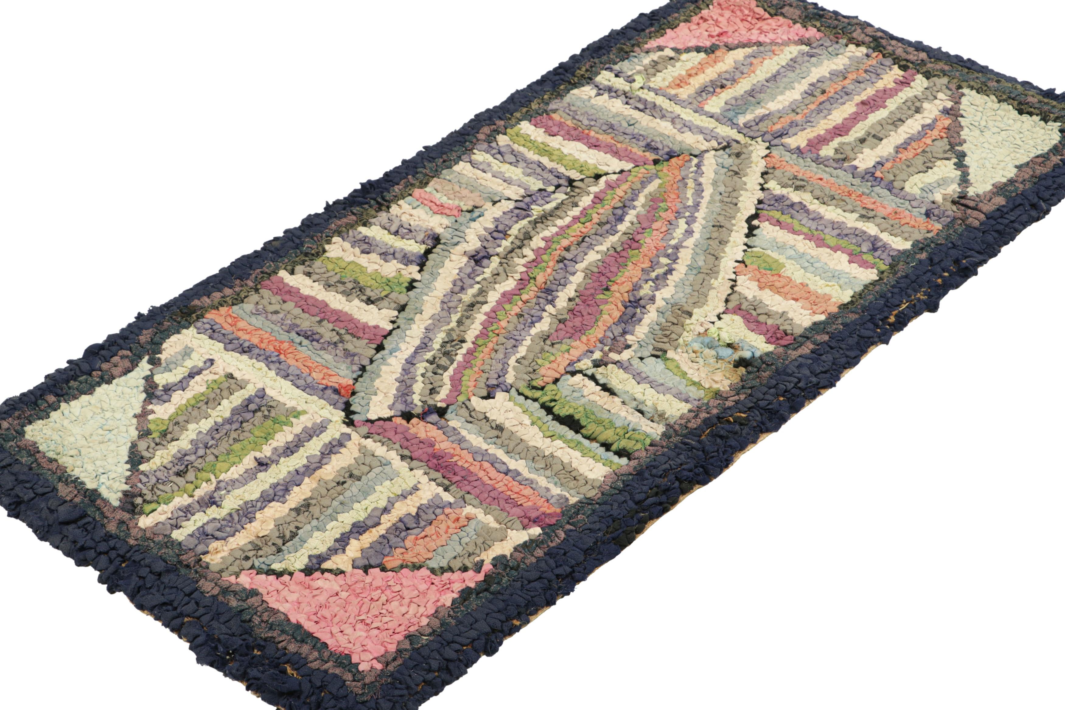 Hand-Knotted Antique Hooked Geometric Rug in Polychromatic Tones  Rug & Kilim For Sale