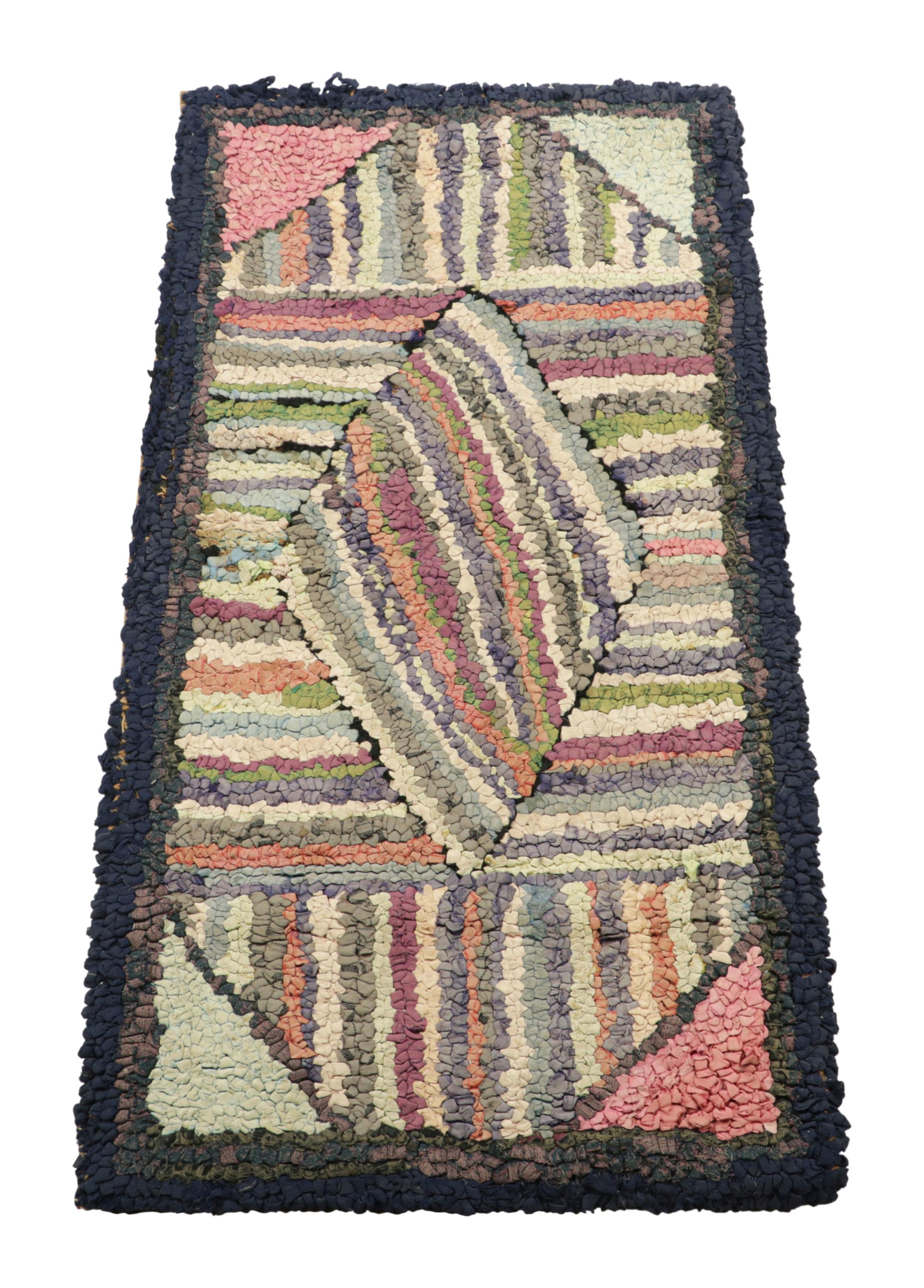 Antique Hooked Geometric Rug in Polychromatic Tones  Rug & Kilim In Good Condition For Sale In Long Island City, NY
