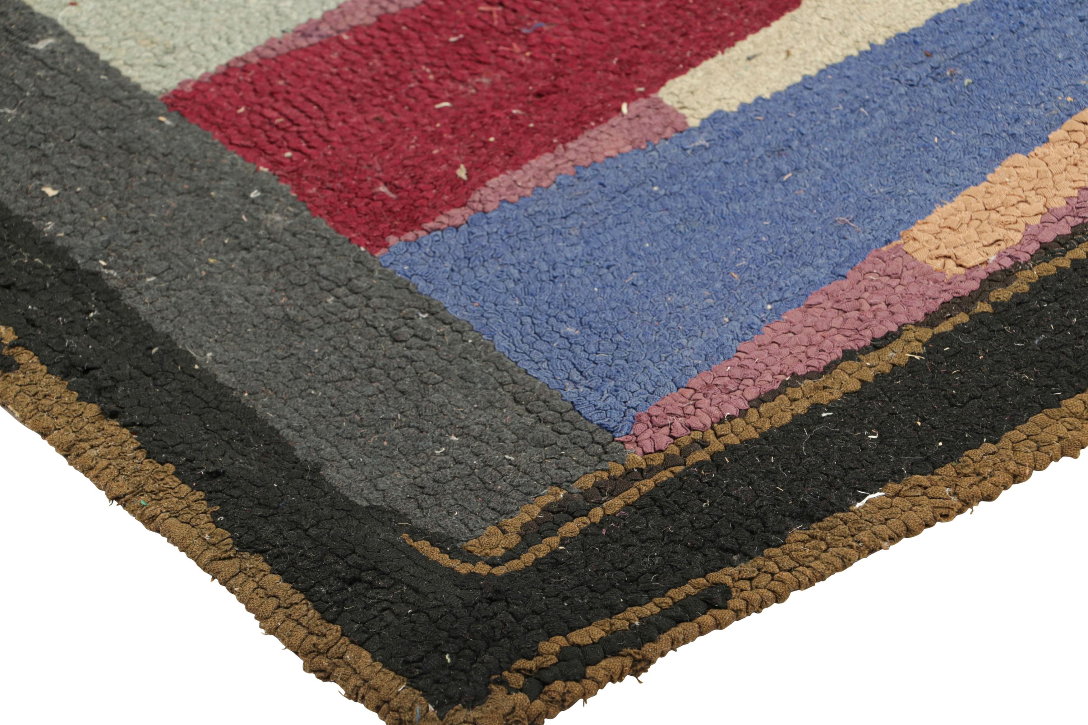 Early 20th Century Antique Hooked Geometric Rug in Polychromatic Tones  Rug & Kilim For Sale