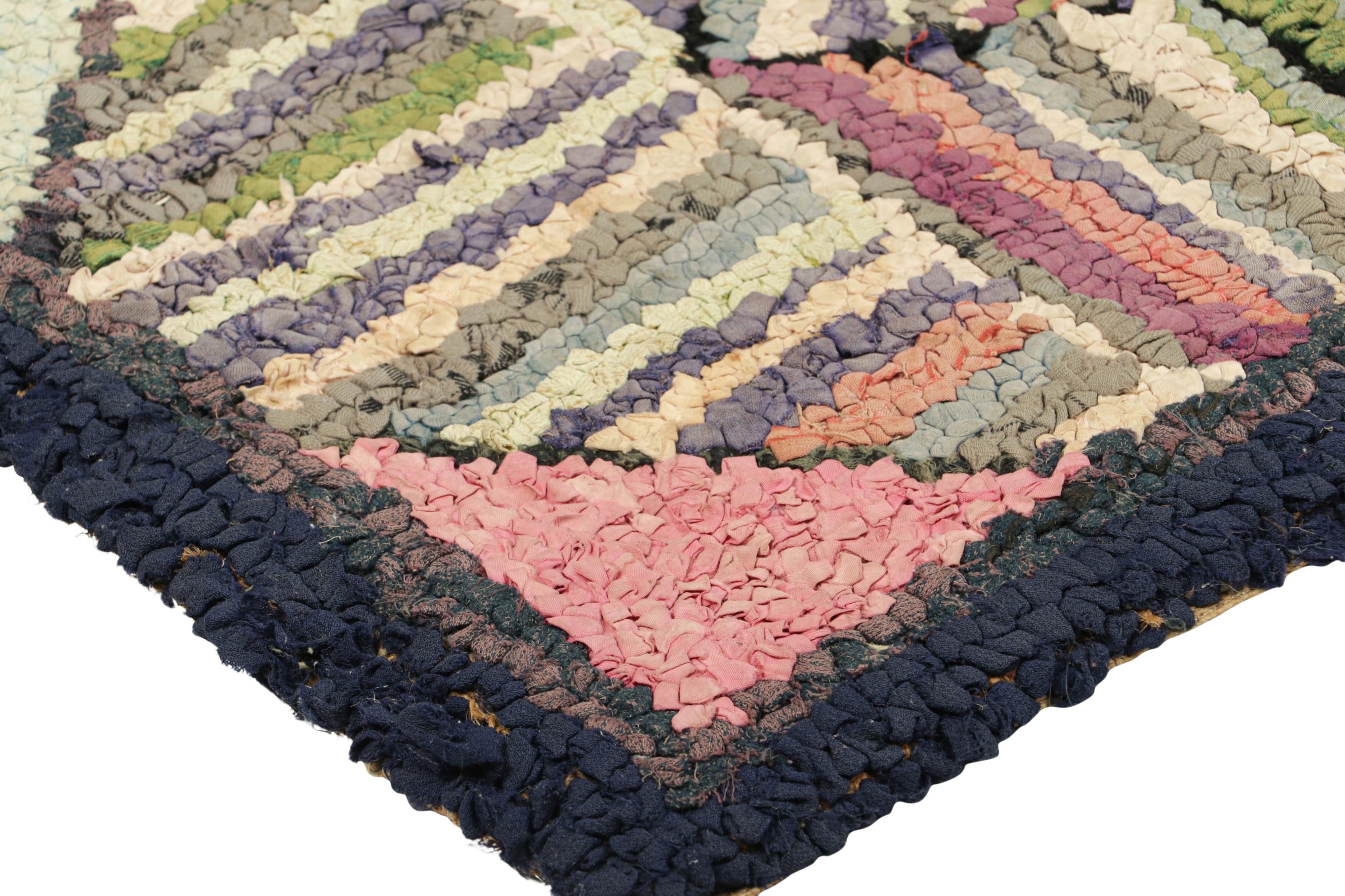 Early 20th Century Antique Hooked Geometric Rug in Polychromatic Tones  Rug & Kilim For Sale