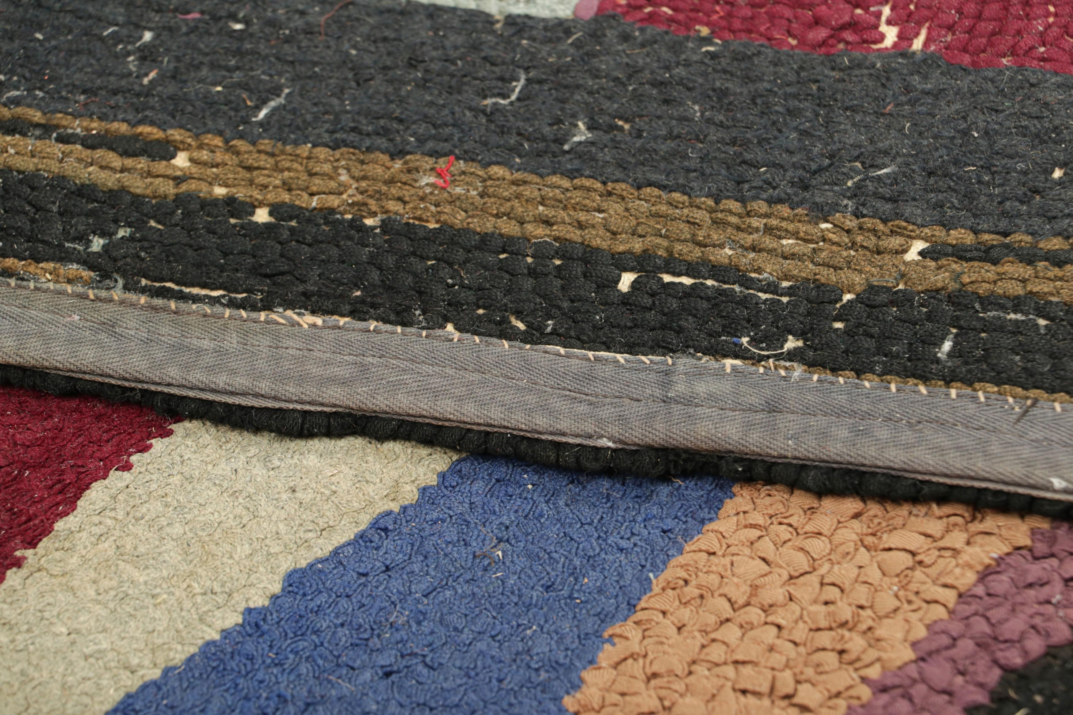 Wool Antique Hooked Geometric Rug in Polychromatic Tones  Rug & Kilim For Sale