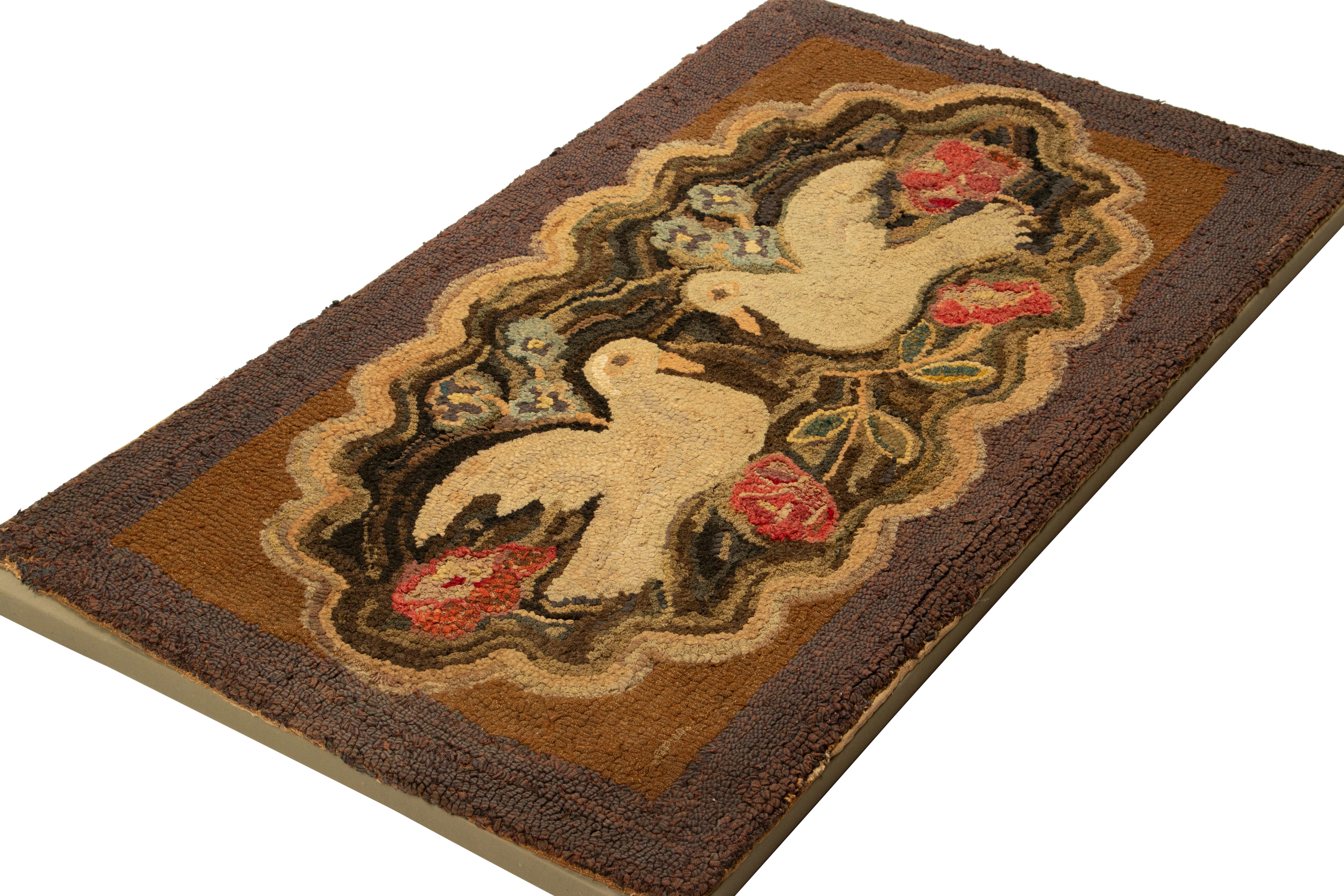 This 2x4 antique hooked square rug is a delightful addition  to Rug & Kilim's collection of American hooked rug and folk art designs—an exceptional find among early 20th century pictorial works of its rare provenance, made with hand-hooked wool and