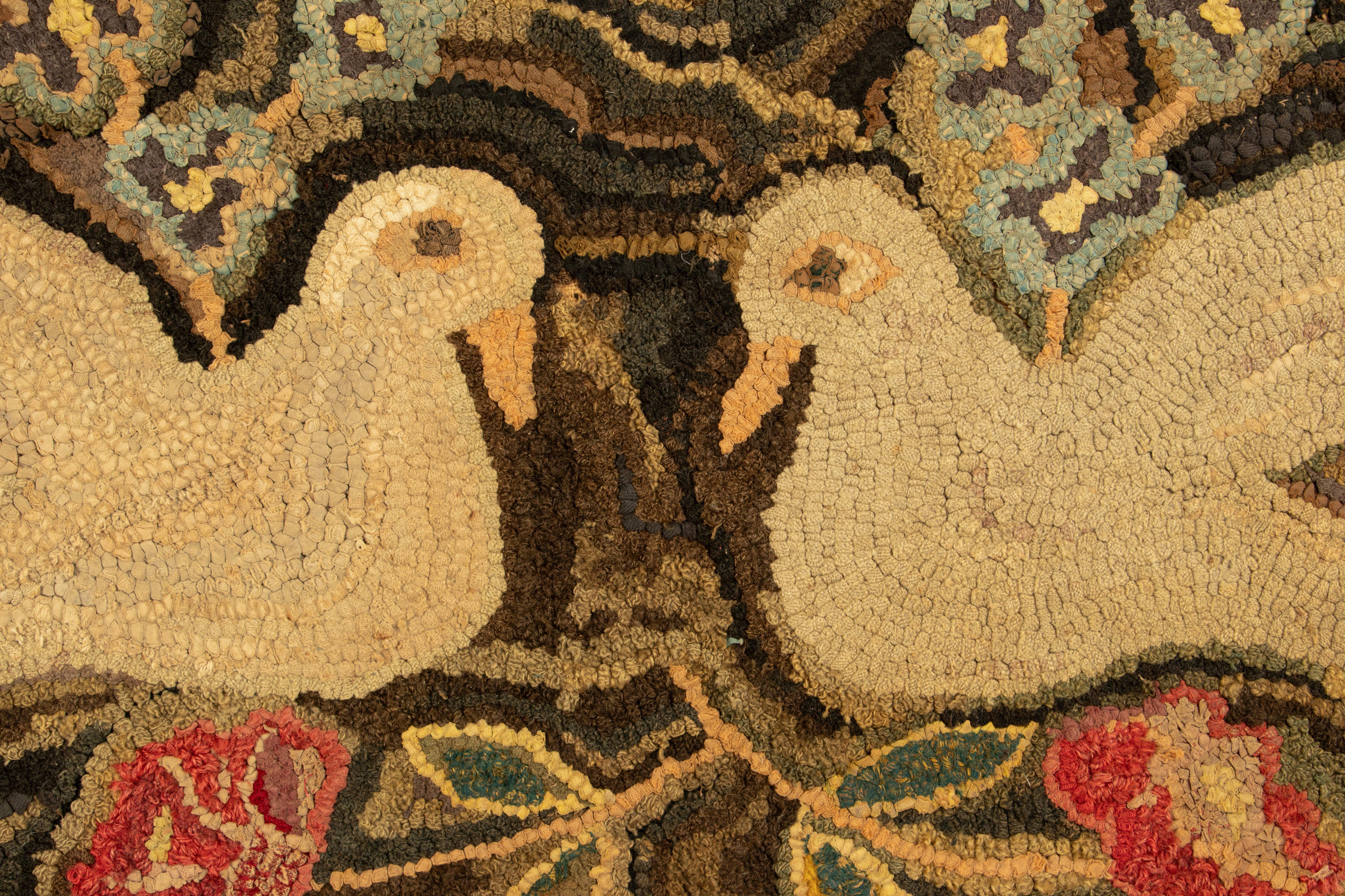 American Antique Framed Hooked Rug, Brown with White Dove Pictorials - Rug & Kilim For Sale