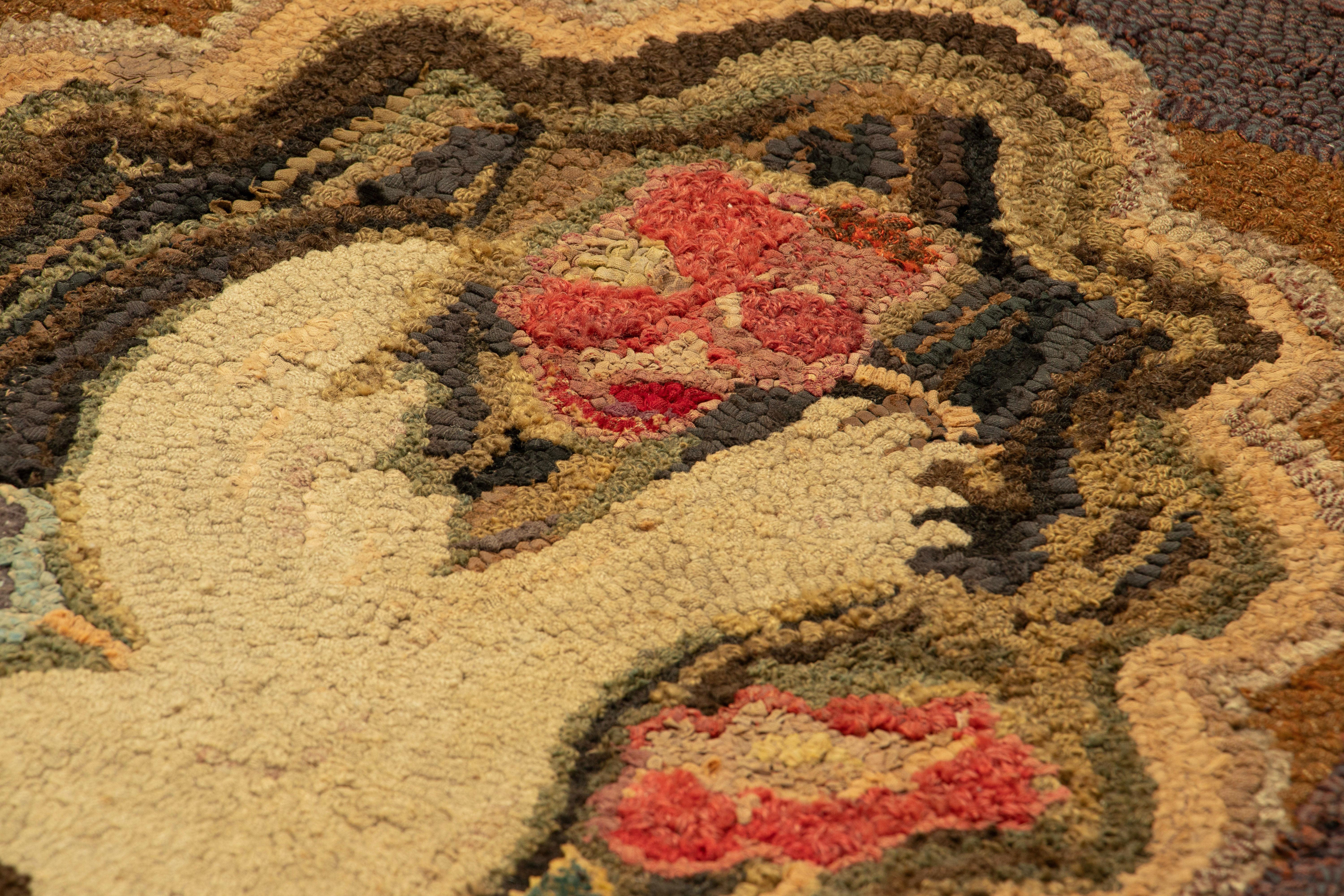Hand-Knotted Antique Framed Hooked Rug, Brown with White Dove Pictorials - Rug & Kilim For Sale
