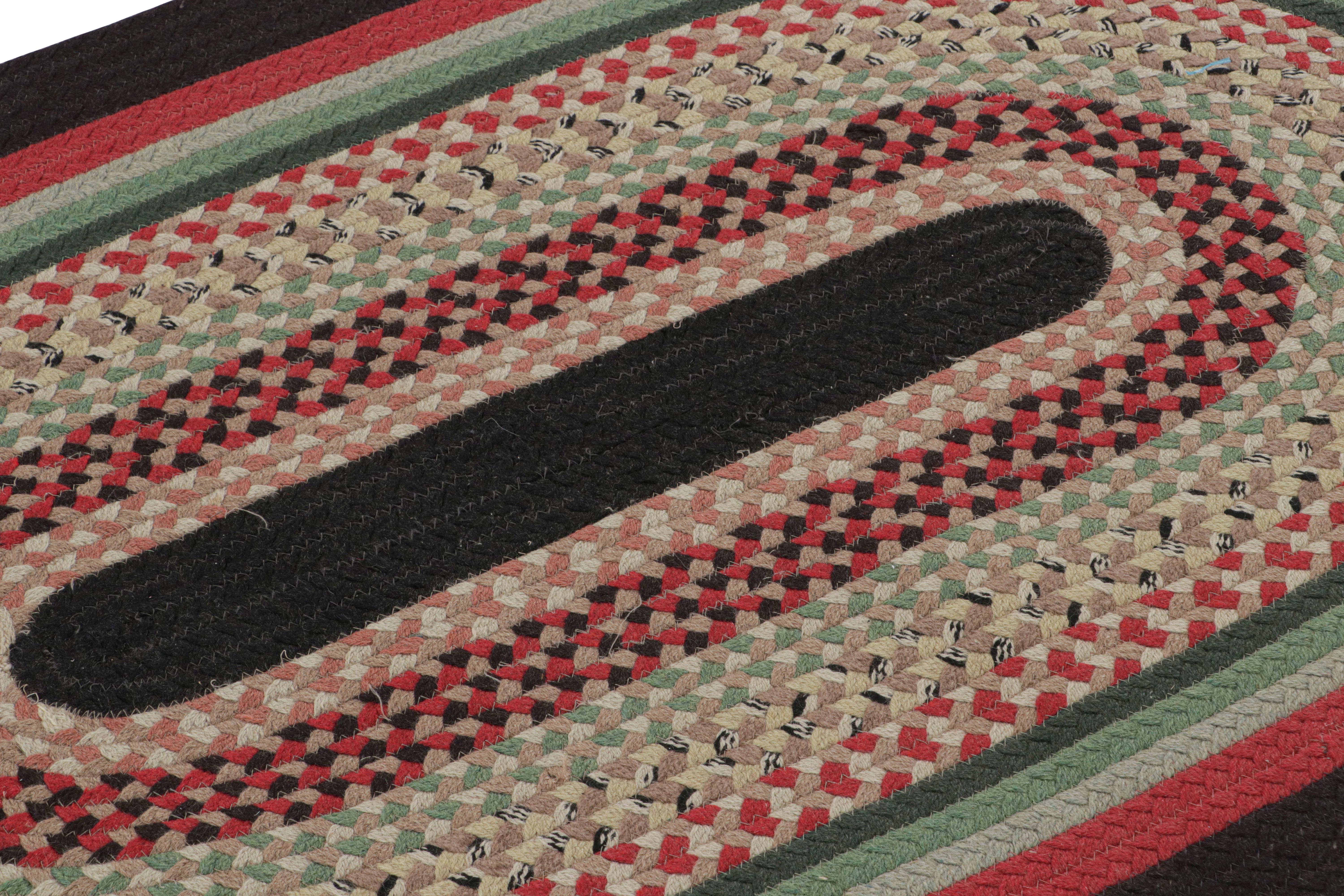 Hand-Knotted Antique Hooked Oval Rug with Polychromatic Braided Stripes, from Rug & Kilim