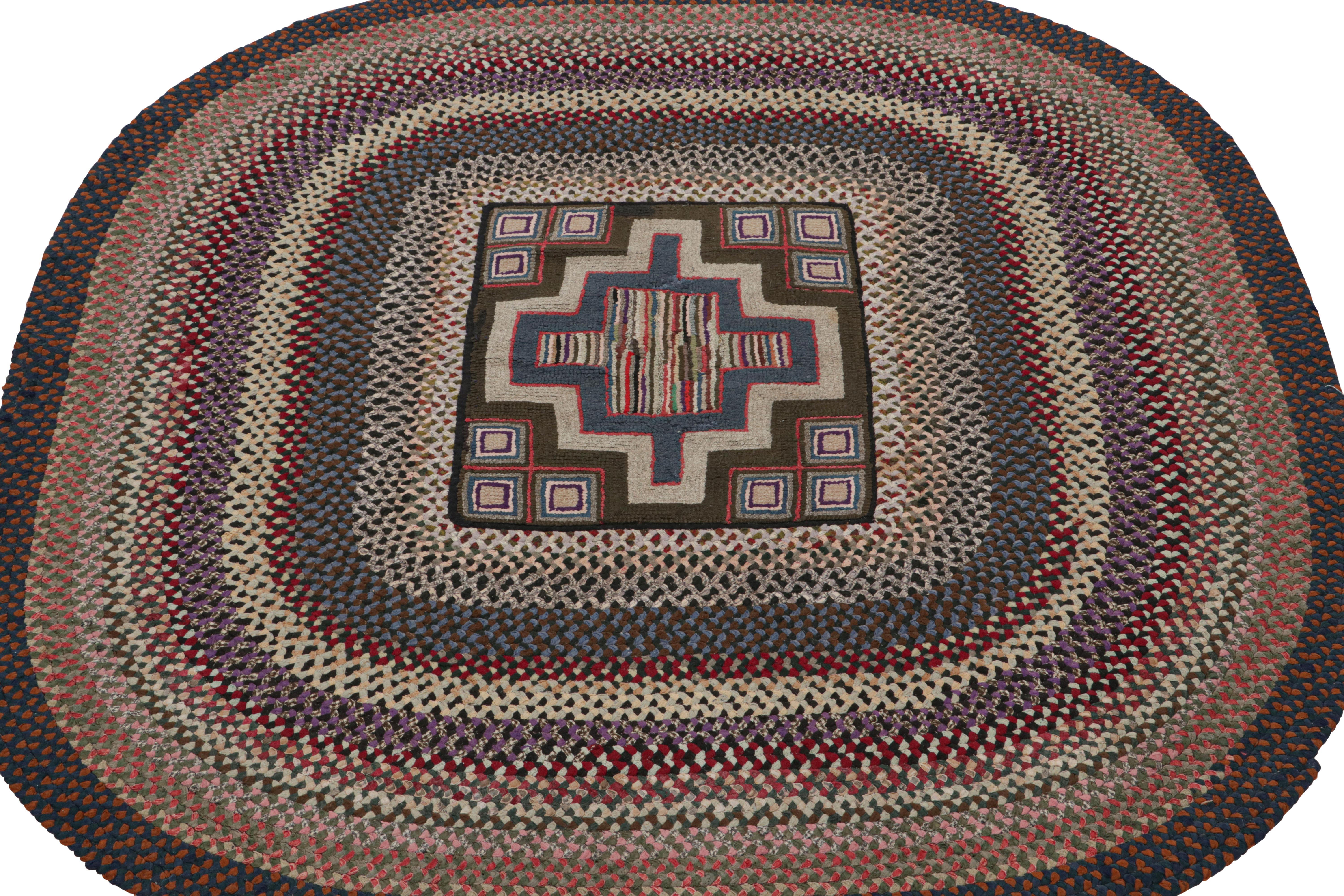 American Antique Hooked Oval Rug with Stripes and Geometric Patterns, from Rug & Kilim For Sale