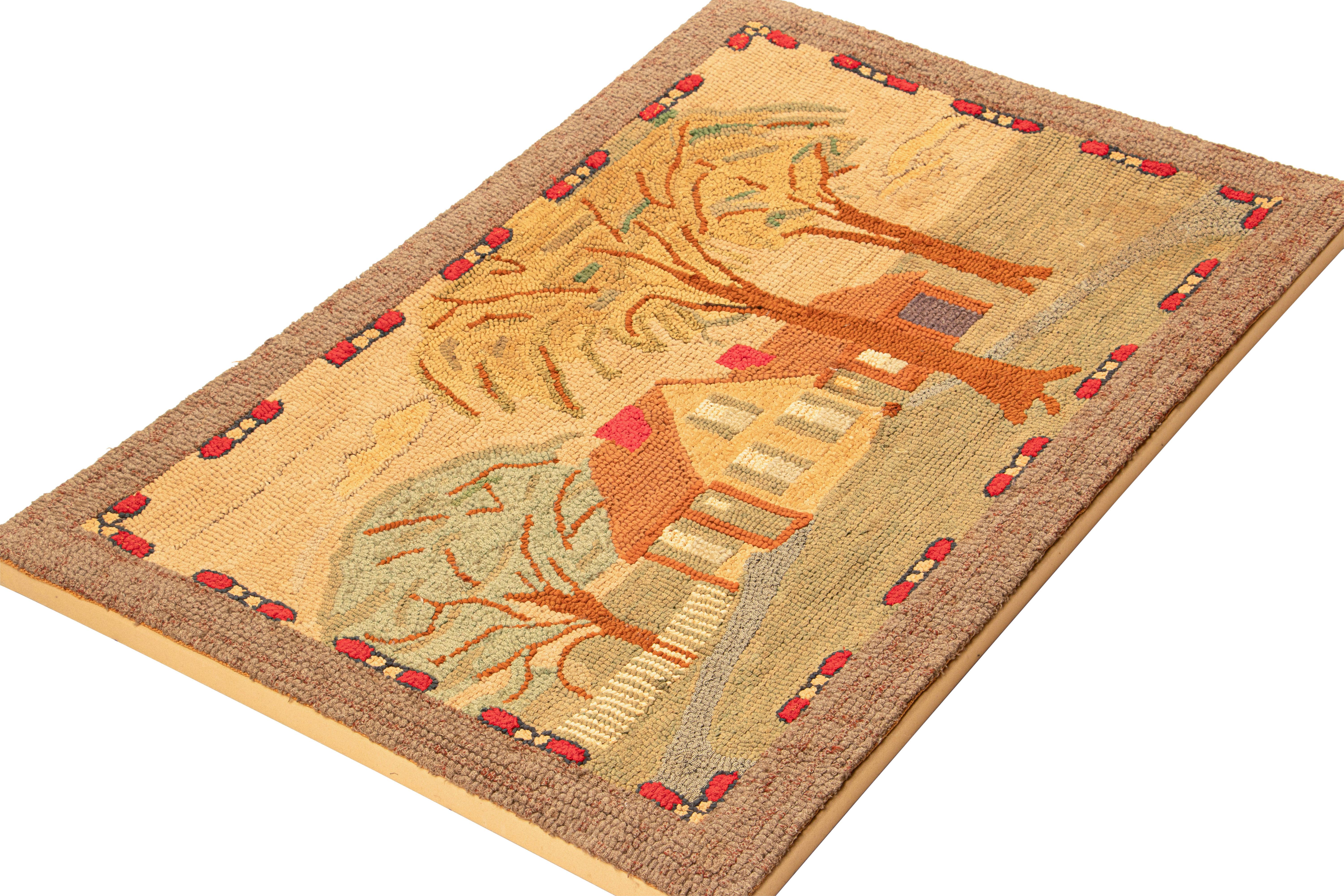This 2x3 antique hooked rug is a delightful addition to Rug & Kilim's growing collection of rare and collectible works of the provenance—a charming example of early 20th century folk art from the United States, made with hand-hooked wool circa