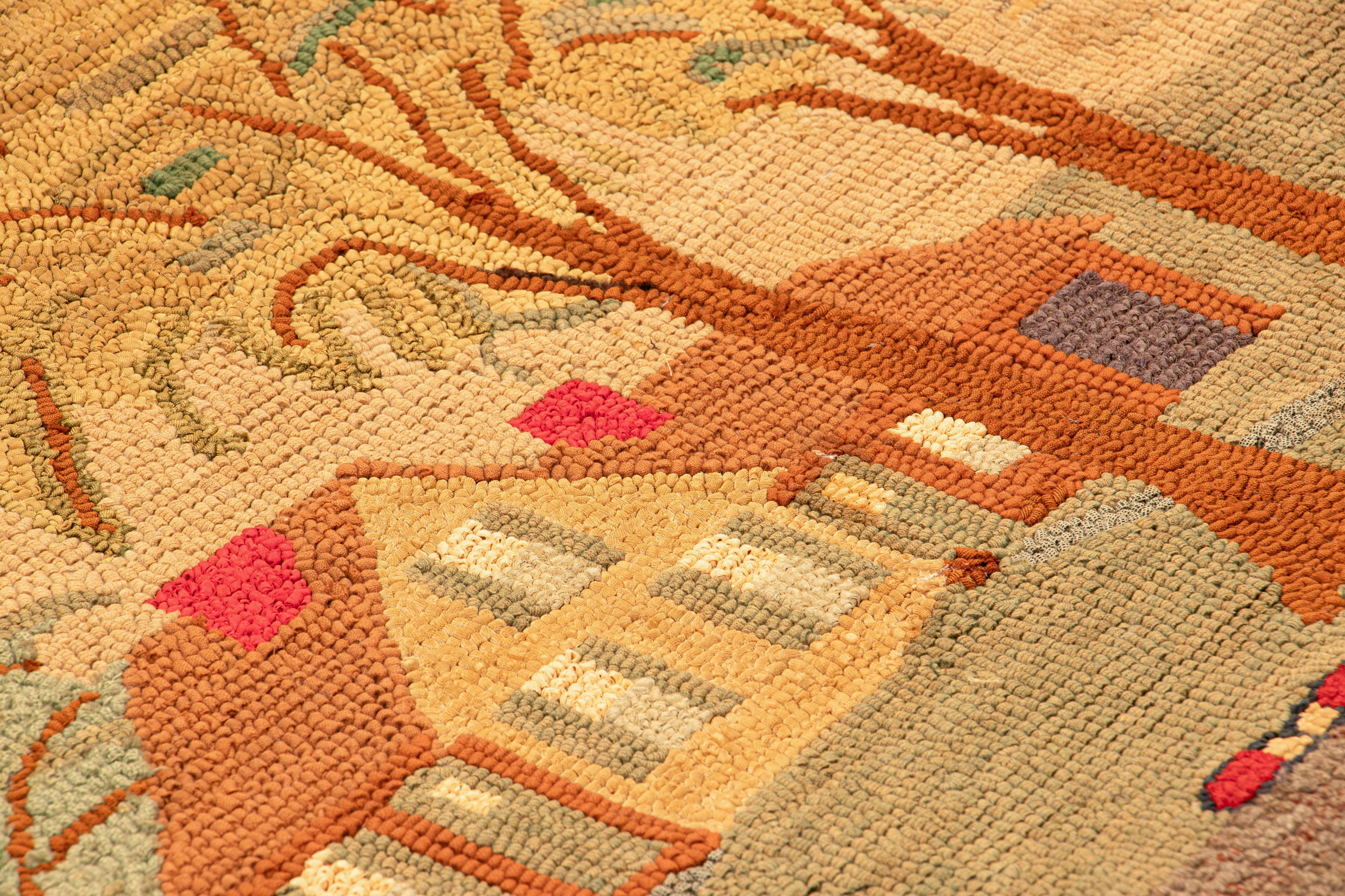 Hand-Knotted Antique Hooked Rug, Beige and Cream with Homestead Pictorial - Rug & Kilim For Sale