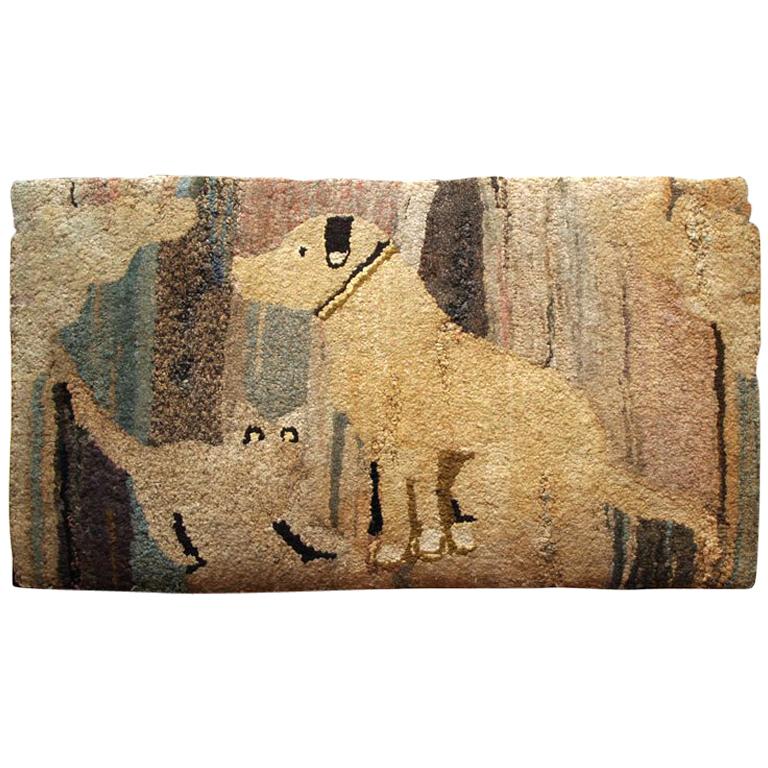 Antique Hooked Rug:  Cat and Dog For Sale