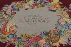 Antique Hooked Rug Fruit Wreath on Burgundy Field & Vine Border - Rug & Kilim