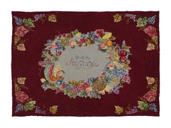 Antique Hooked Rug Fruit Wreath on Burgundy Field & Vine Border - Rug & Kilim
