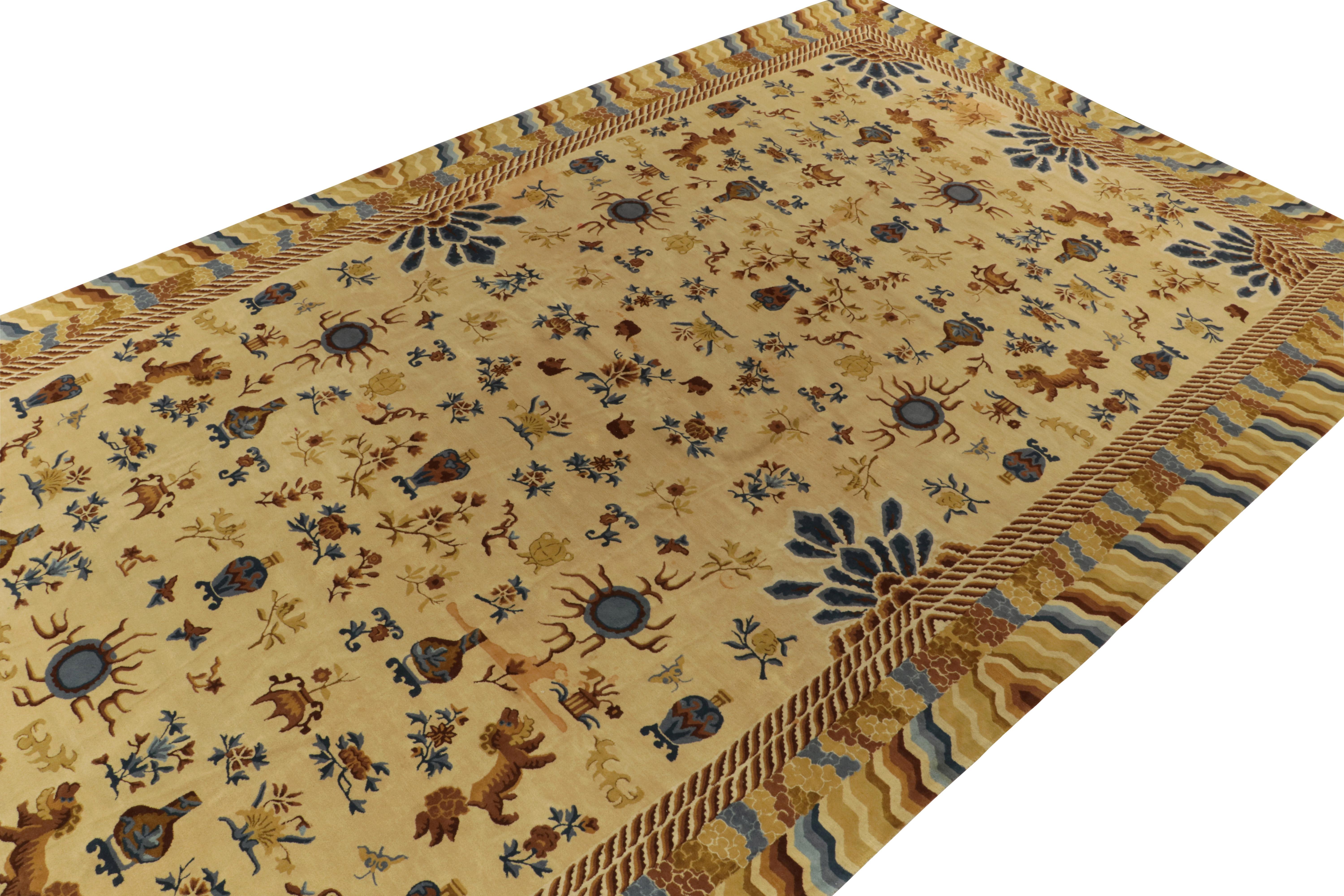 Originating from Germany circa 1920-1930, a rare 12x22 antique hooked rug among our largest discoveries of this provenance. 

On the Design: The opulent play of gold, blue & brown complements Chinese dynastic design inspiration with some elements