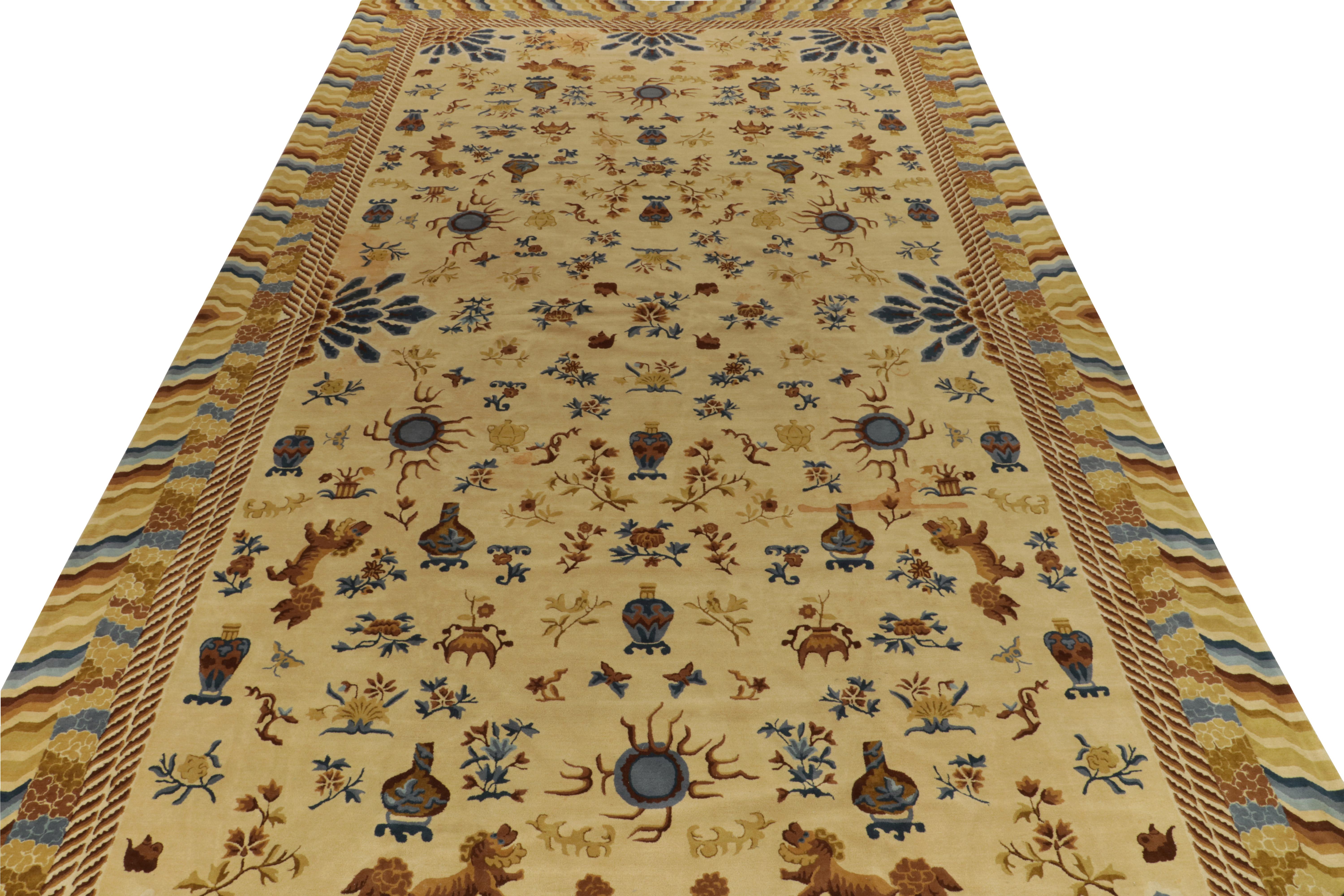 German Antique Hooked Rug Gold, Blue & Beige Chinese Pictorial Style by Rug & Kilim For Sale