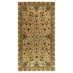 Antique Hooked Rug Gold, Blue & Beige Chinese Pictorial Style by Rug & Kilim