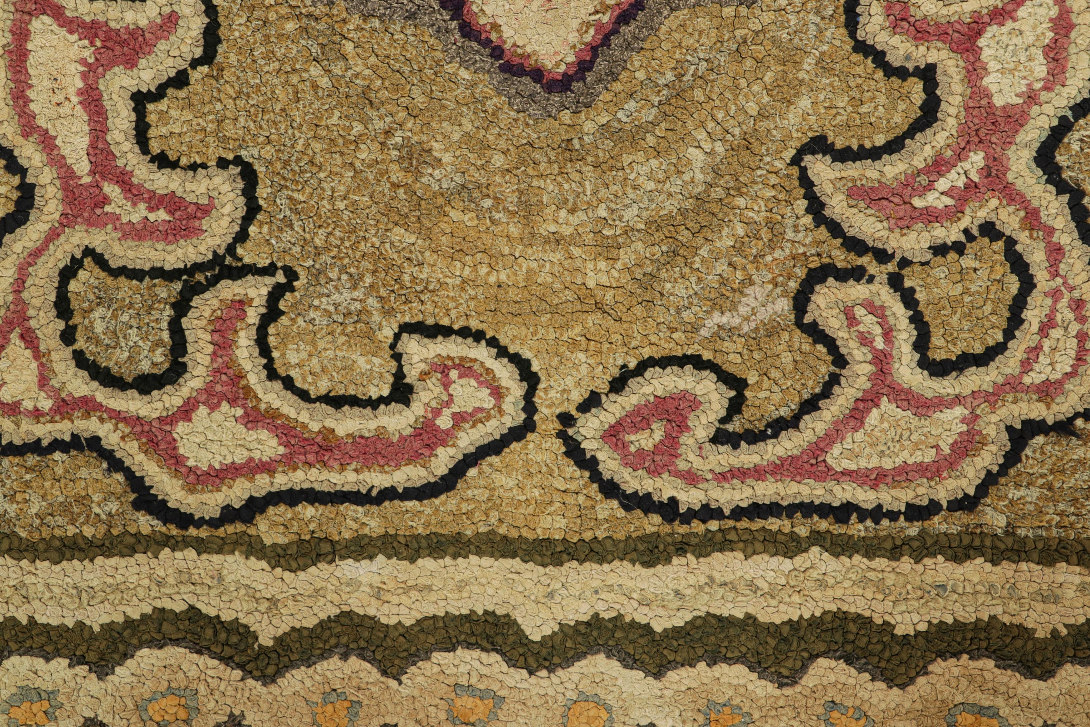 American Antique Hooked Rug in Beige-Brown & Gold with Geometric Medallion  Rug & Kilim