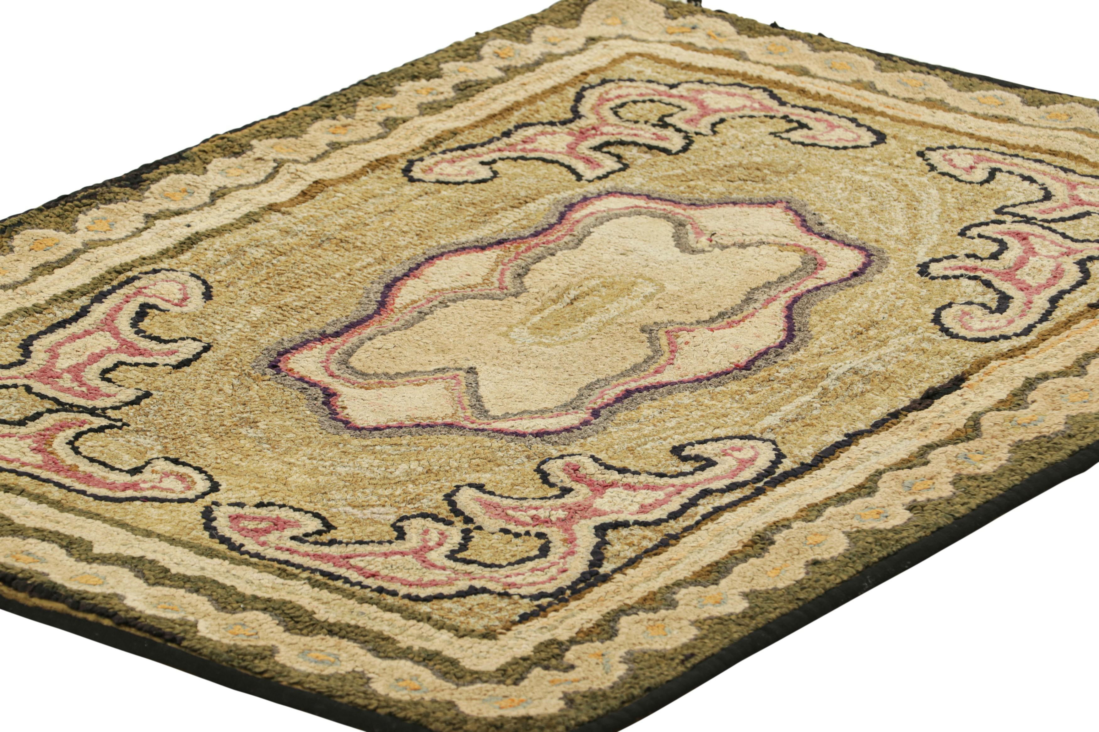 Hand-Knotted Antique Hooked Rug in Beige-Brown & Gold with Geometric Medallion  Rug & Kilim