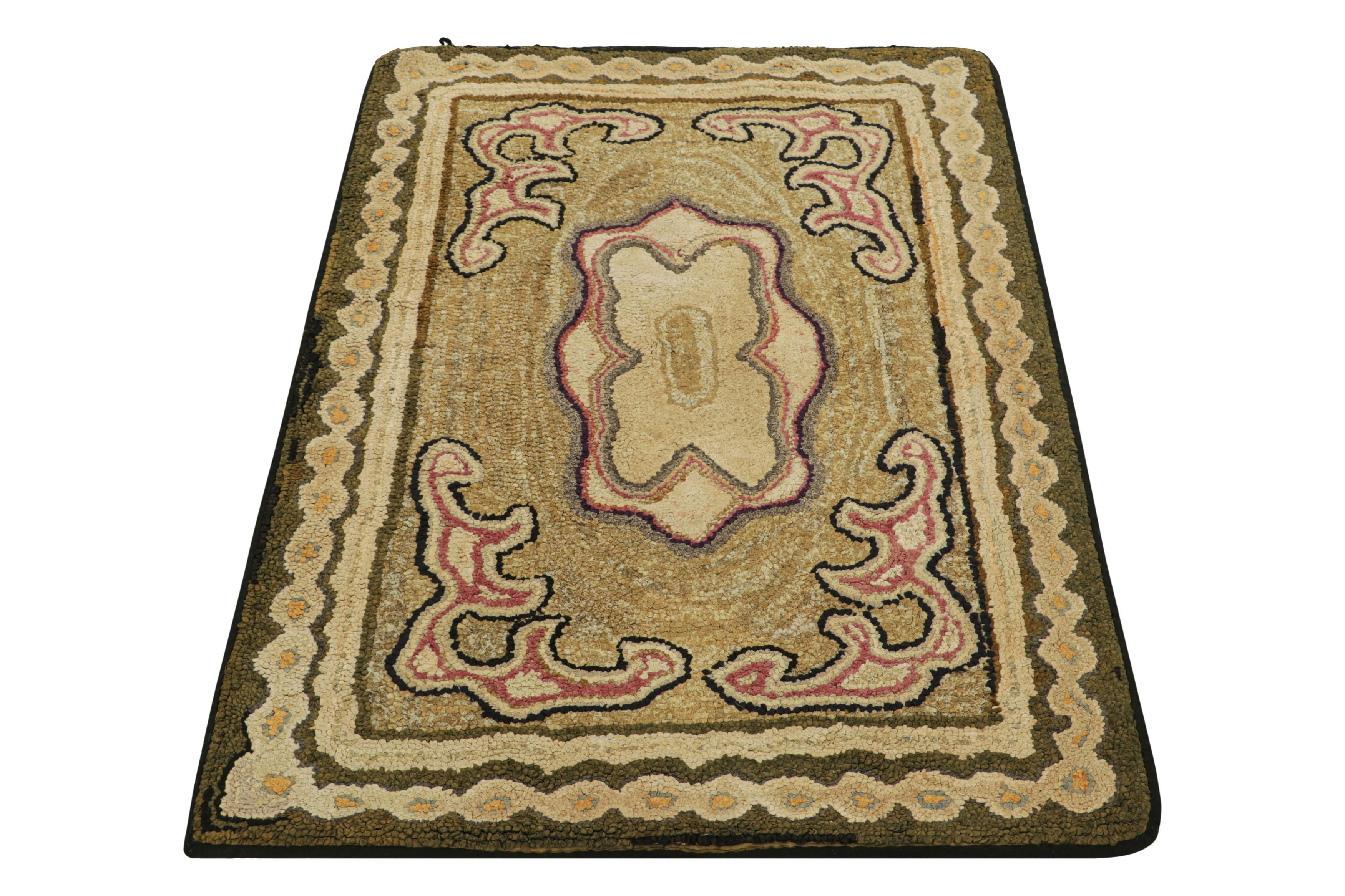 Antique Hooked Rug in Beige-Brown & Gold with Geometric Medallion  Rug & Kilim In Good Condition In Long Island City, NY