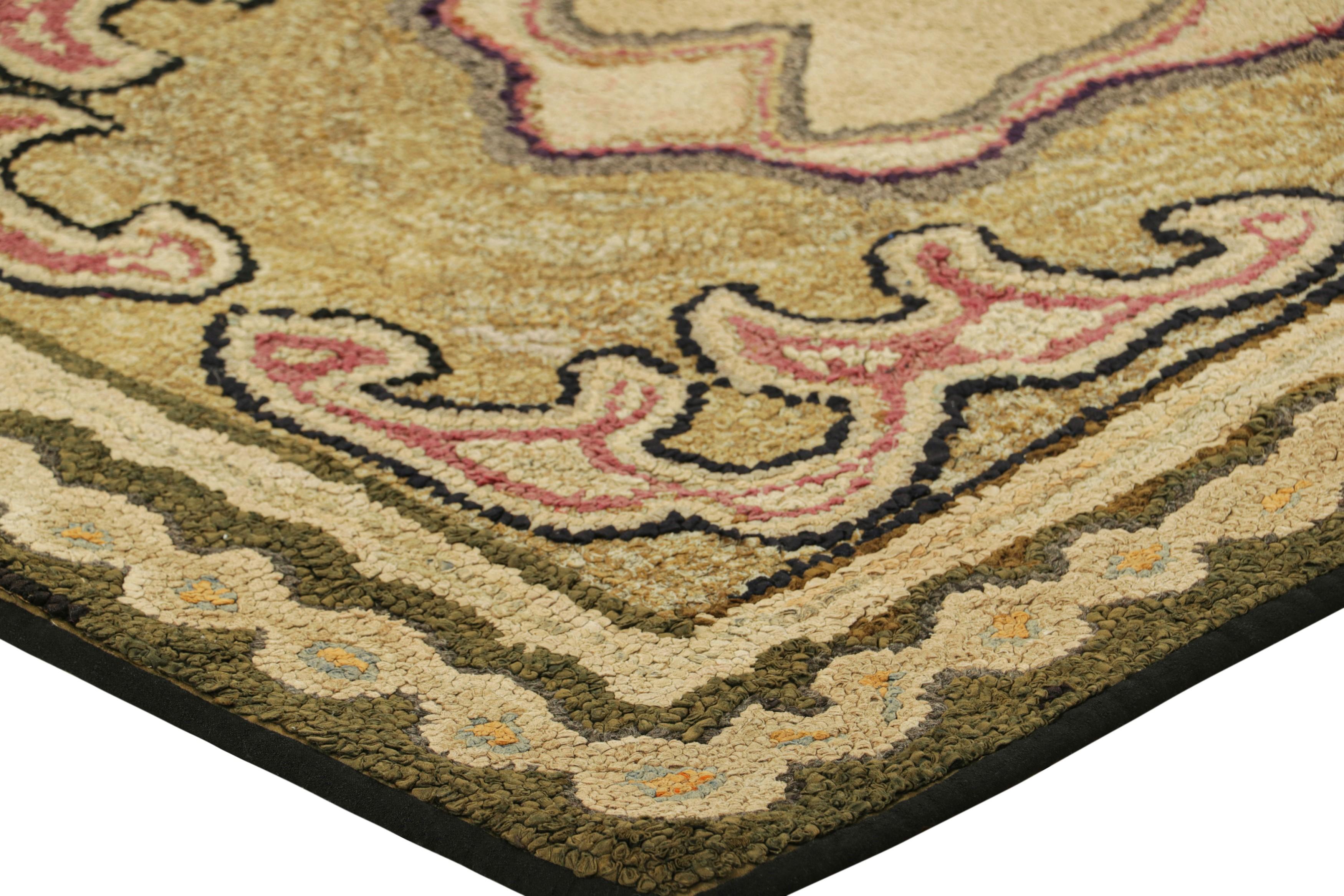 Early 20th Century Antique Hooked Rug in Beige-Brown & Gold with Geometric Medallion  Rug & Kilim