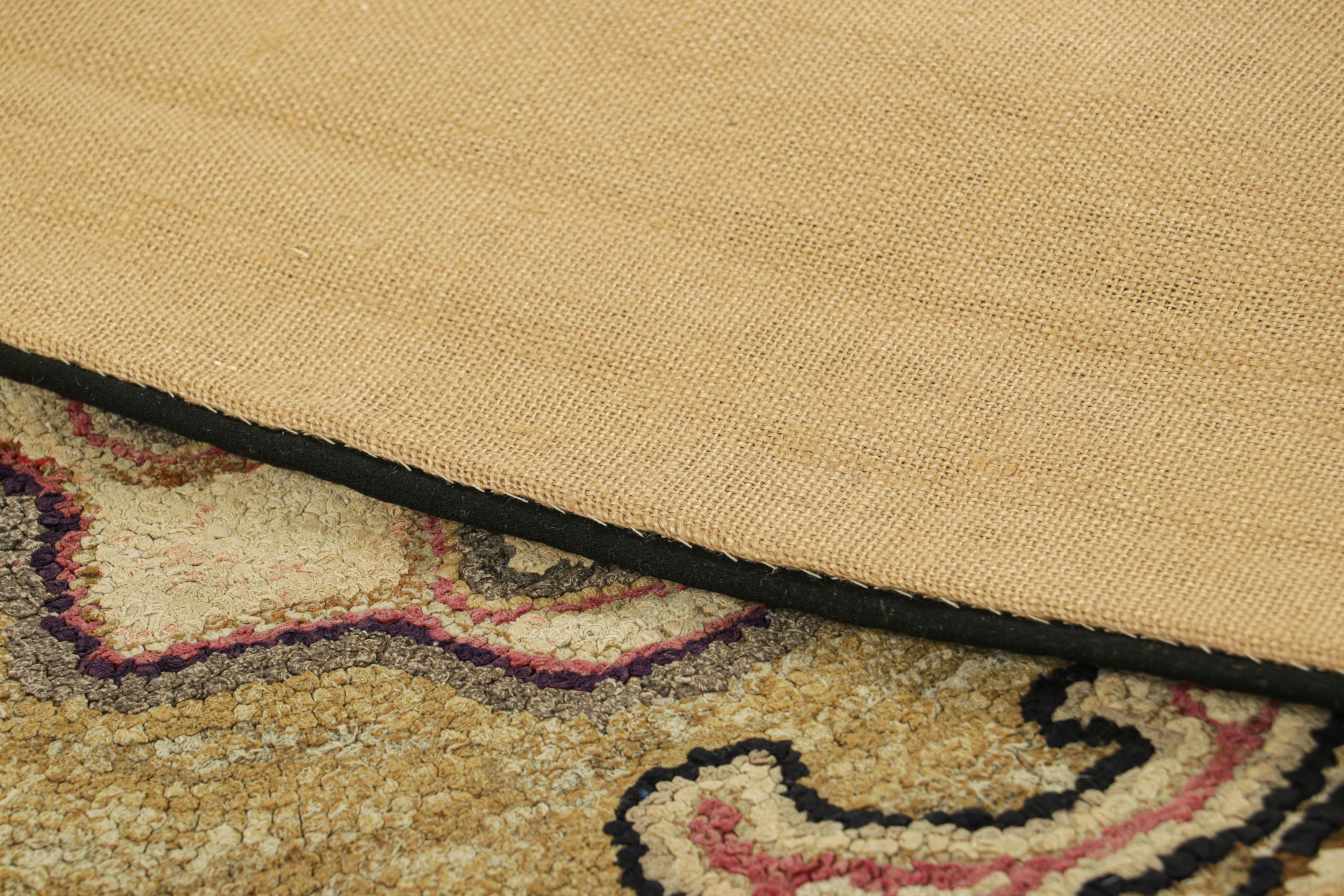 Wool Antique Hooked Rug in Beige-Brown & Gold with Geometric Medallion  Rug & Kilim