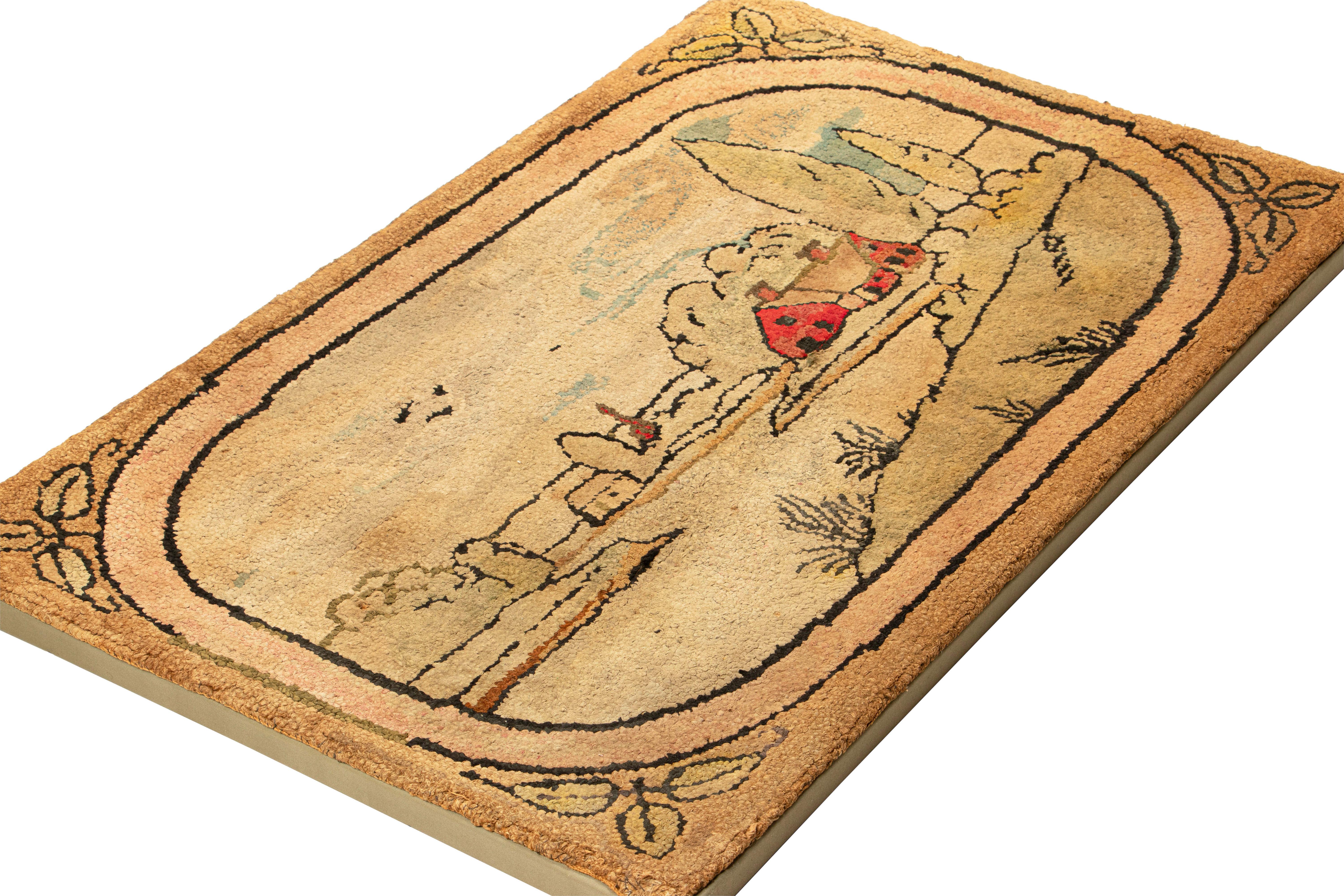 This 2x3 antique hooked rug is a delightful addition to Rug & Kilim's growing collection of rare and collectible works of the provenance—a charming example of early 20th century folk art from the United States, made with hand-hooked wool circa