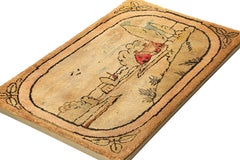Antique Framed Hooked Rug, Country Landscape Pictorial in Beige - Rug & Kilim