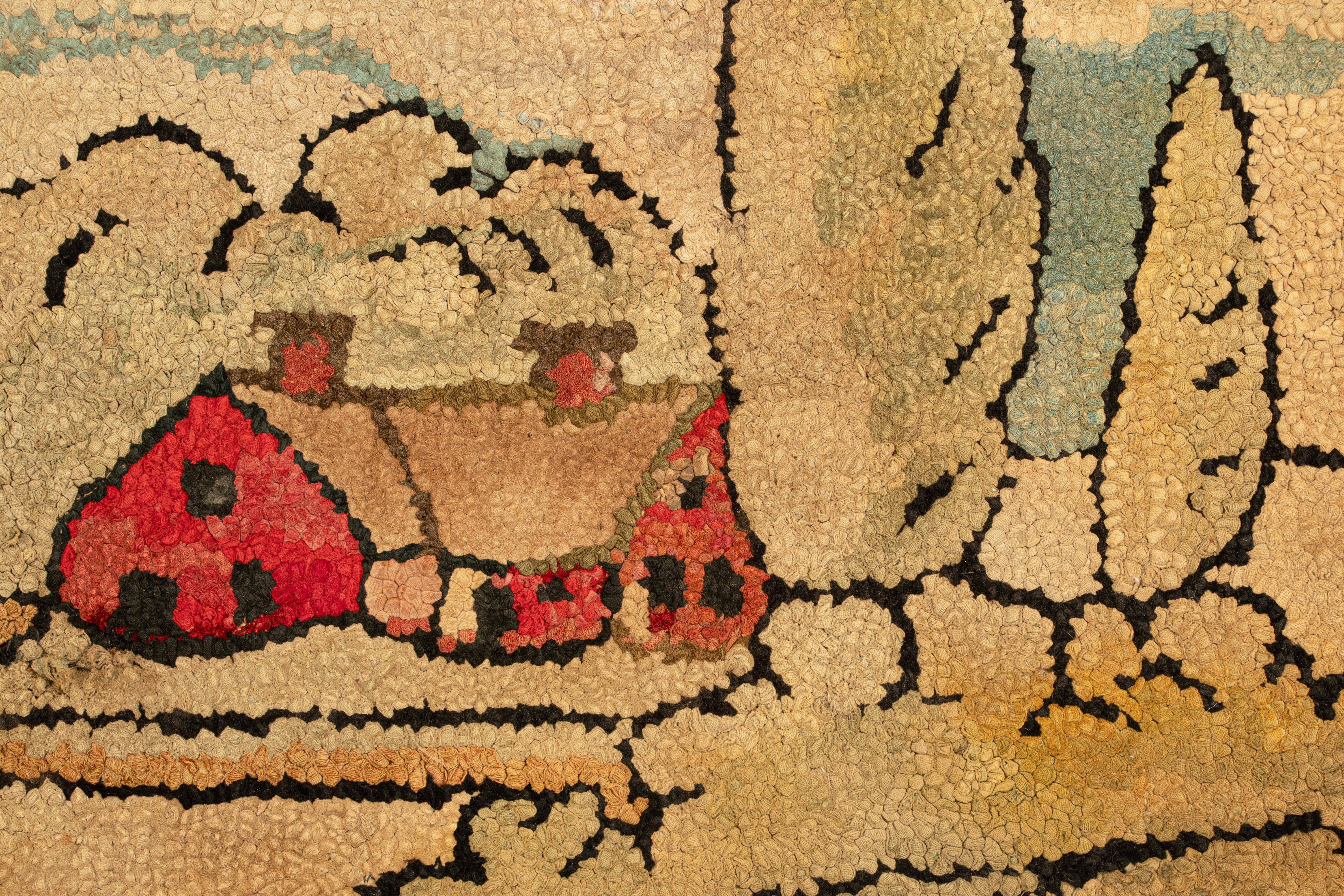 American Antique Hooked Rug in Beige-Brown Landscape Pictorial - Rug & Kilim For Sale
