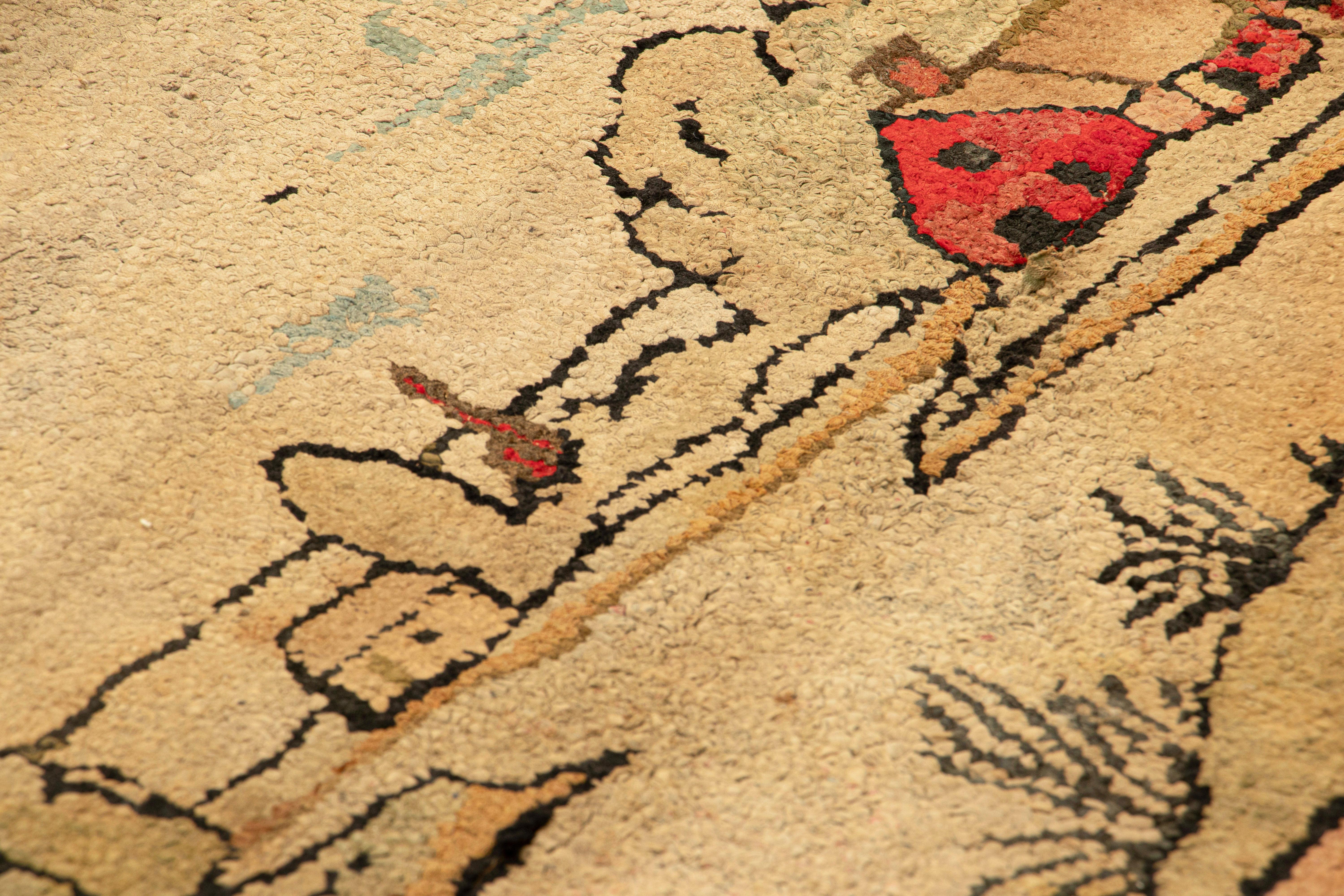 Hand-Knotted Antique Hooked Rug in Beige-Brown Landscape Pictorial - Rug & Kilim For Sale