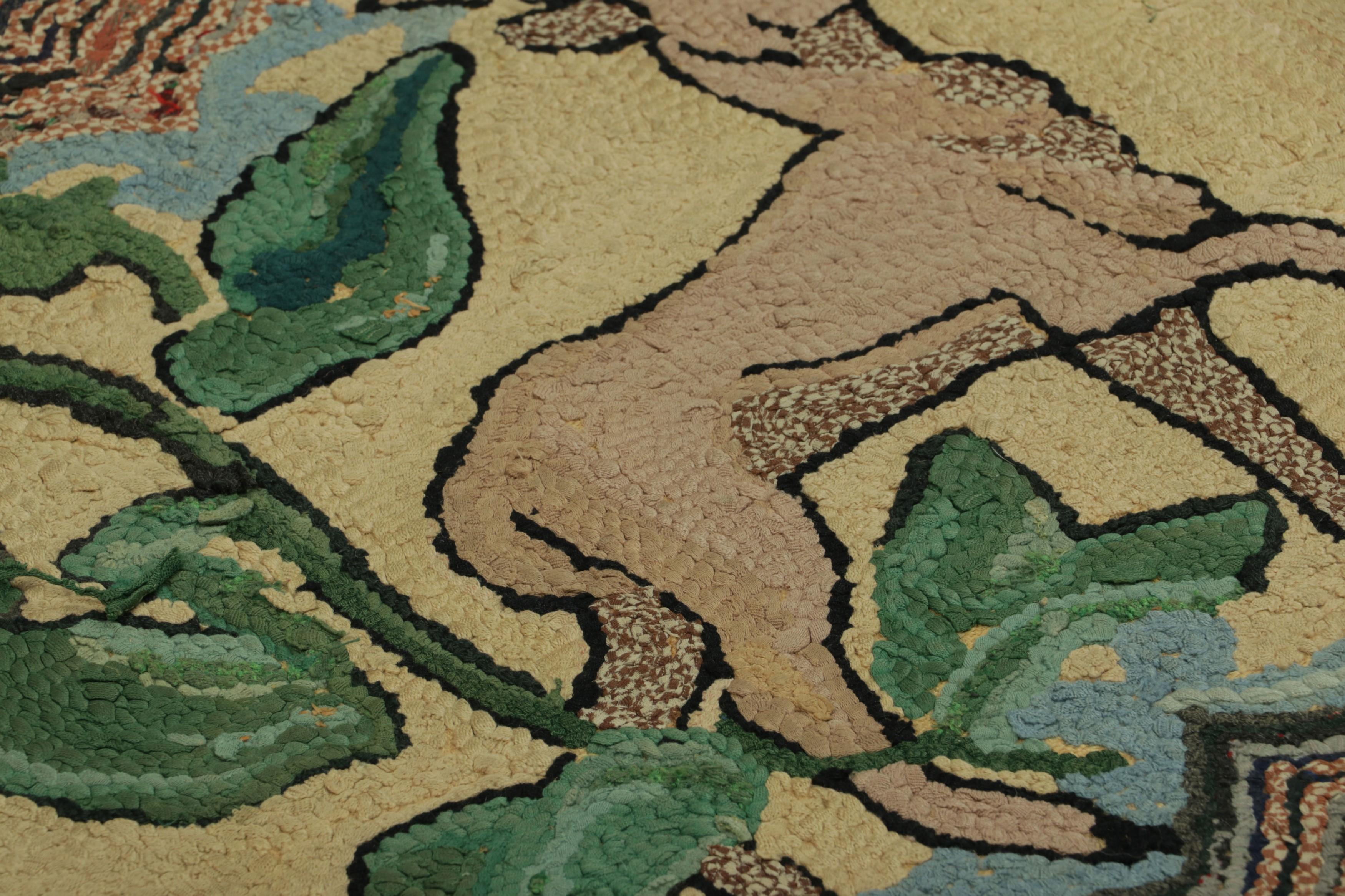 Handmade in wool and originating circa 1920-1930, this 2x3 rug is a rare and exciting new curation in Rug & Kilim’s collection of antique hooked rugs. 

On the Design: 

This folk art hooked rug features a whimsical animal motif framed by a