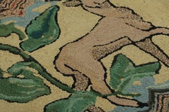 Antique Hooked Rug in Beige-Brown with Animal Pictorial Patterns  Rug & Kilim