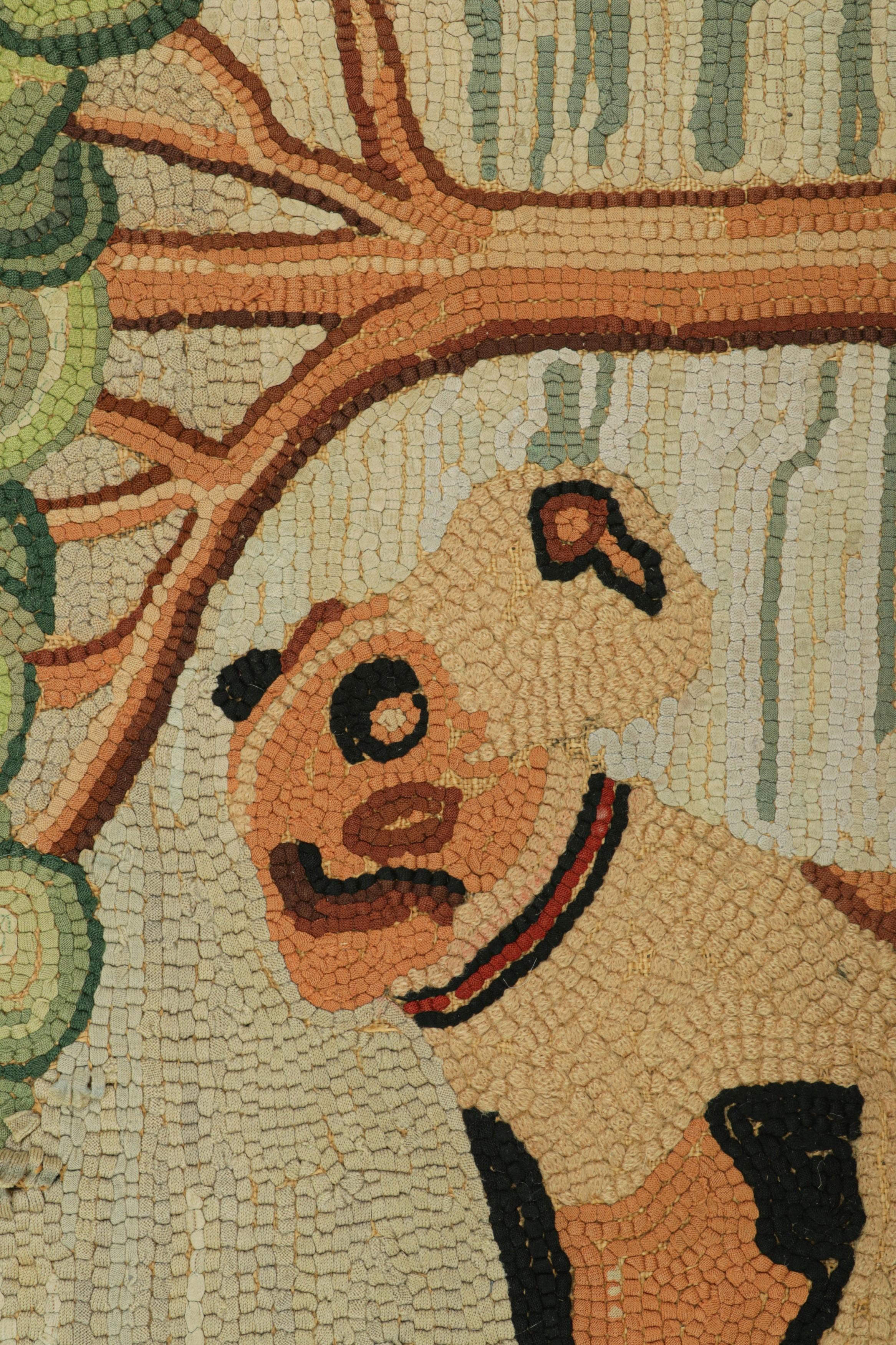 American Antique Hooked Rug in Beige-Brown with Animal Pictorial Patterns  Rug & Kilim For Sale