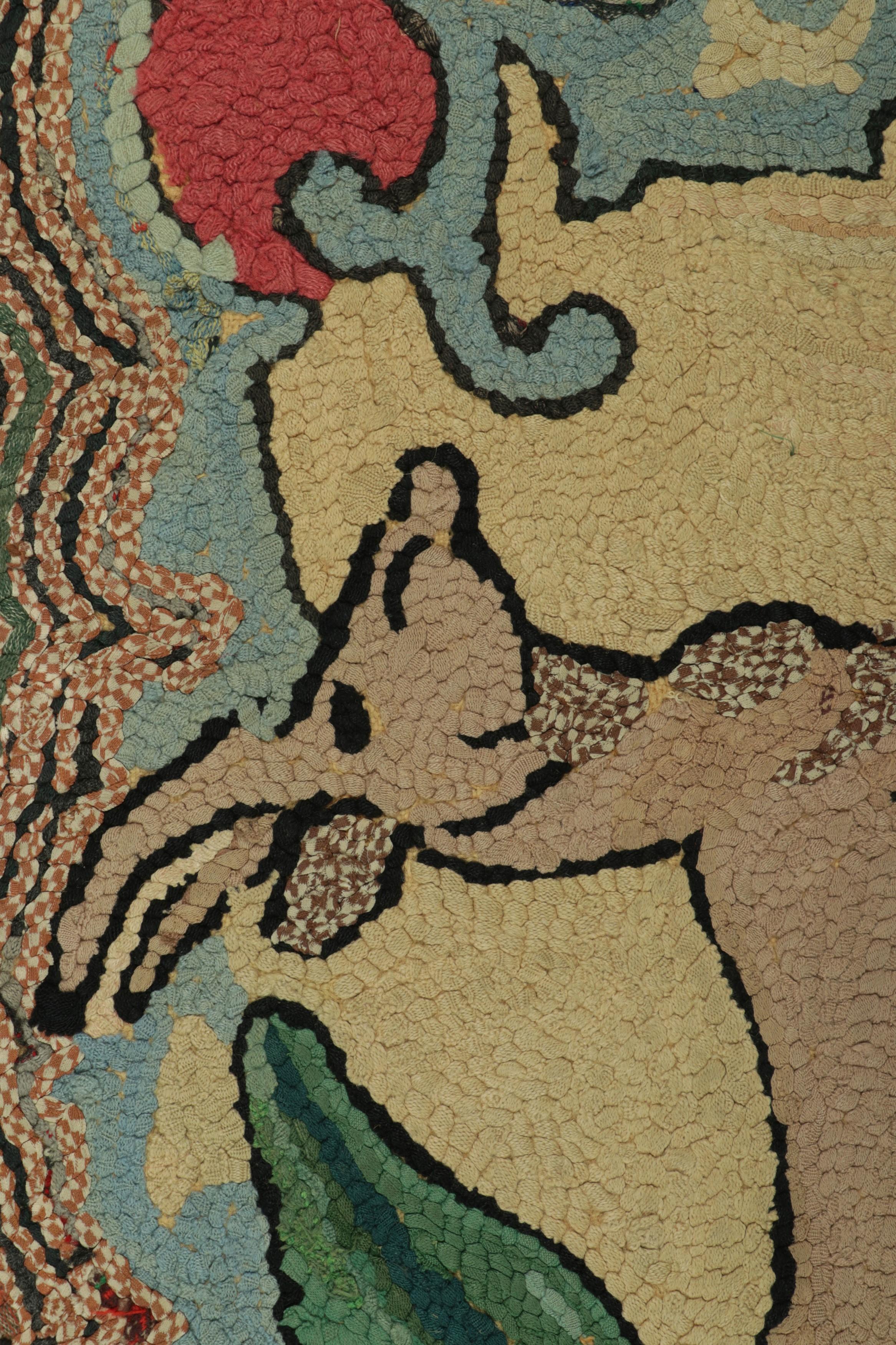 American Antique Hooked Rug in Beige-Brown with Animal Pictorial Patterns  Rug & Kilim For Sale