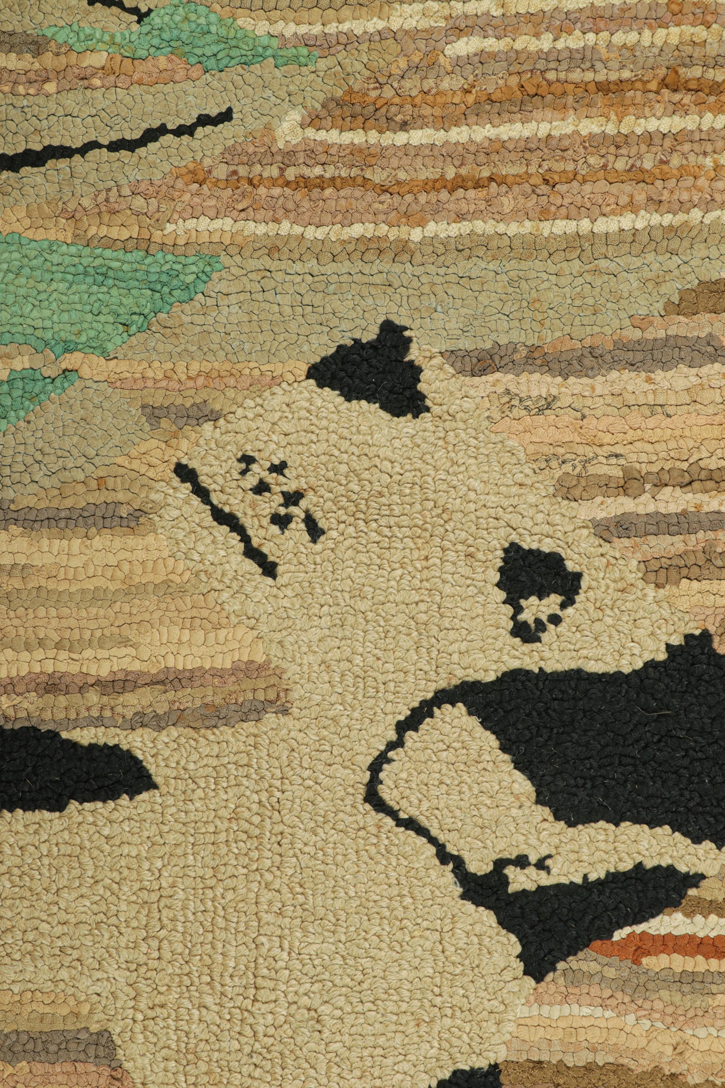 American Antique Hooked Rug in Beige-Brown with Animal Pictorial Patterns  Rug & Kilim For Sale