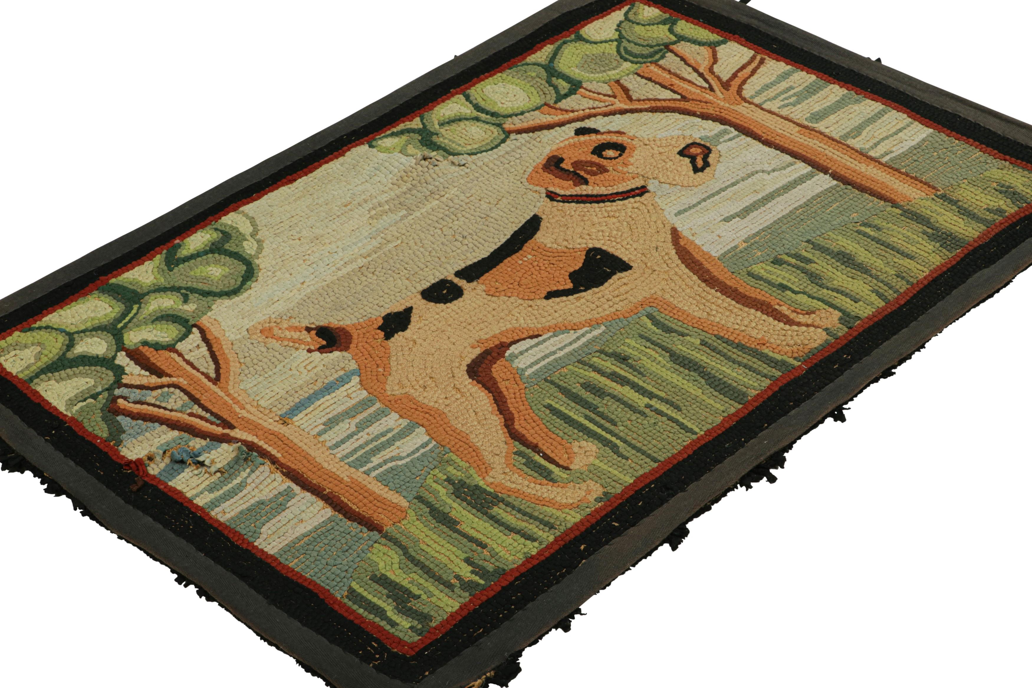 Hand-Knotted Antique Hooked Rug in Beige-Brown with Animal Pictorial Patterns  Rug & Kilim For Sale