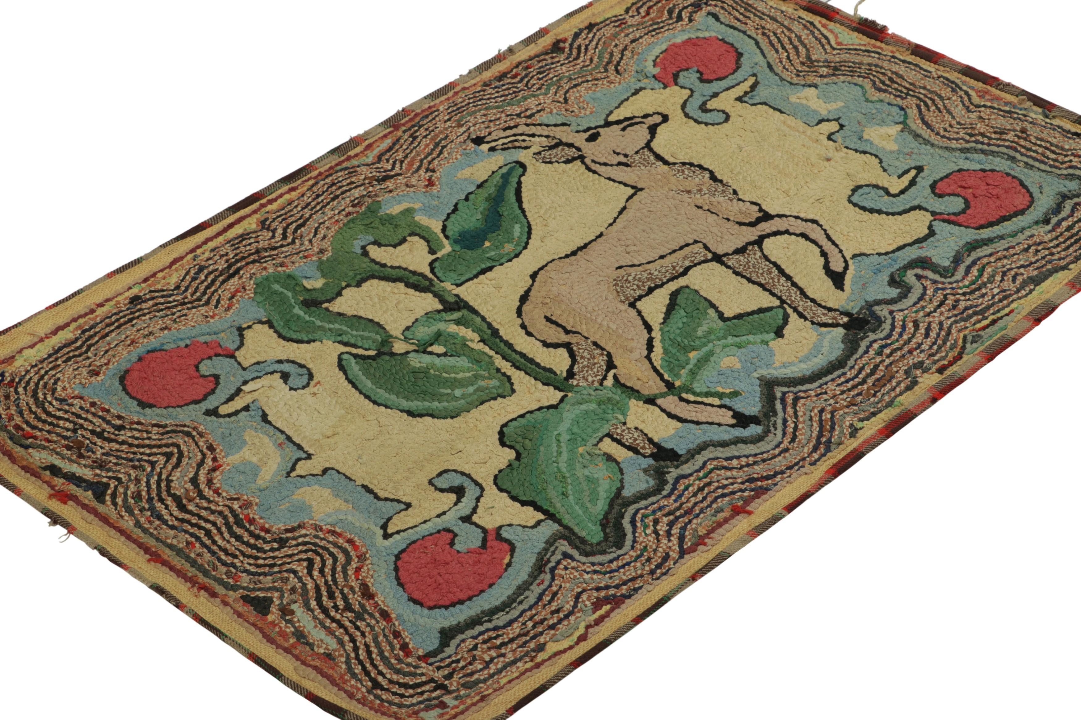 Hand-Knotted Antique Hooked Rug in Beige-Brown with Animal Pictorial Patterns  Rug & Kilim For Sale