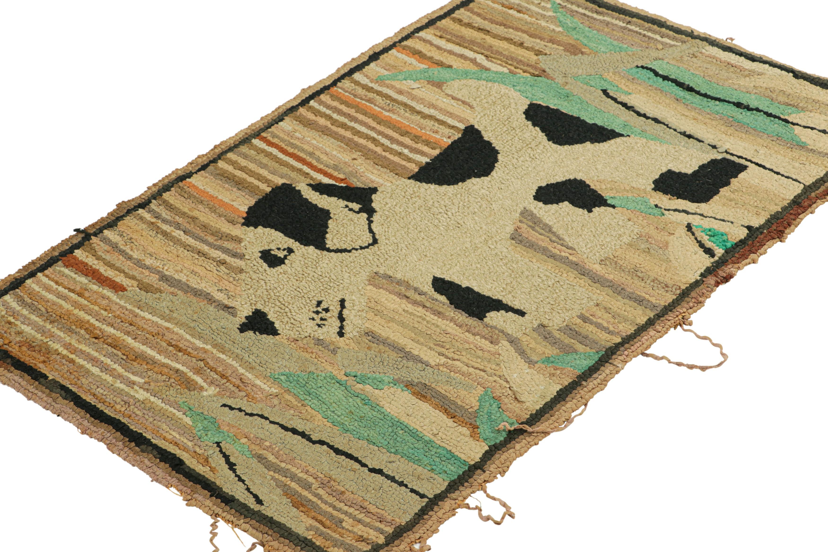 Hand-Knotted Antique Hooked Rug in Beige-Brown with Animal Pictorial Patterns  Rug & Kilim For Sale