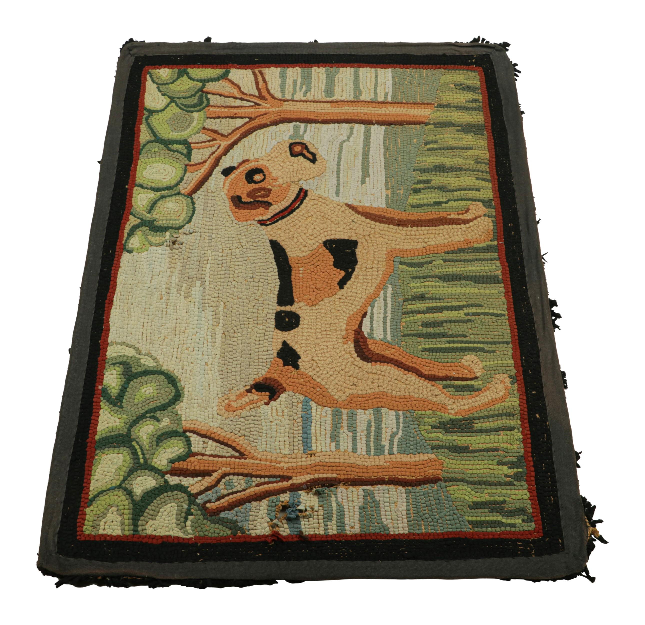 Antique Hooked Rug in Beige-Brown with Animal Pictorial Patterns  Rug & Kilim In Good Condition For Sale In Long Island City, NY