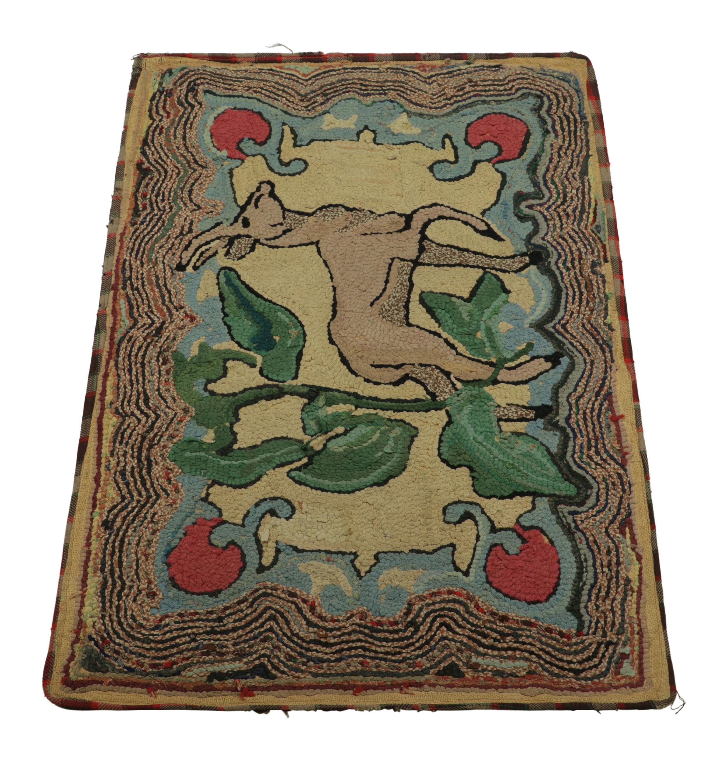 Antique Hooked Rug in Beige-Brown with Animal Pictorial Patterns  Rug & Kilim In Good Condition For Sale In Long Island City, NY