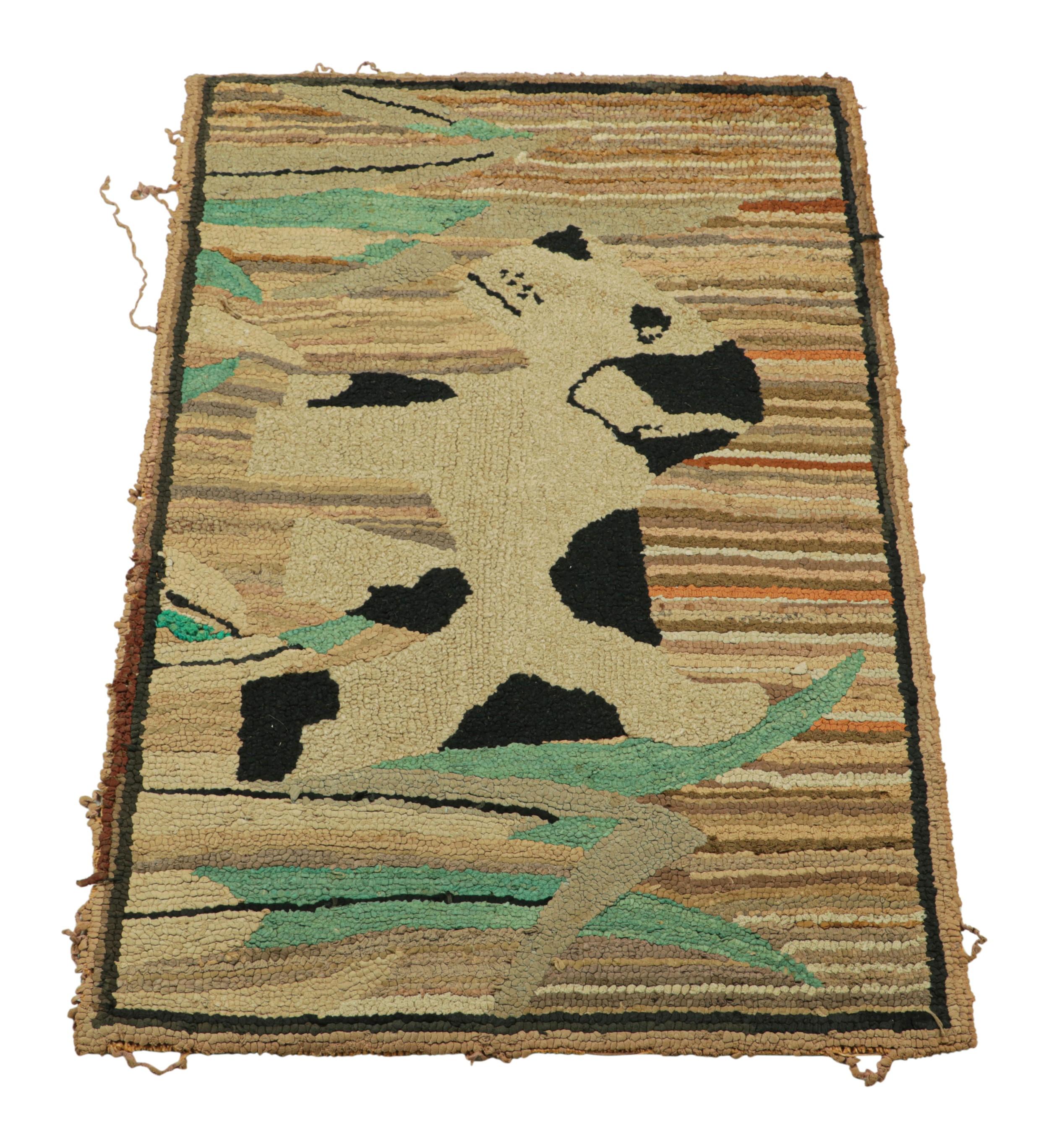 Antique Hooked Rug in Beige-Brown with Animal Pictorial Patterns  Rug & Kilim In Good Condition For Sale In Long Island City, NY