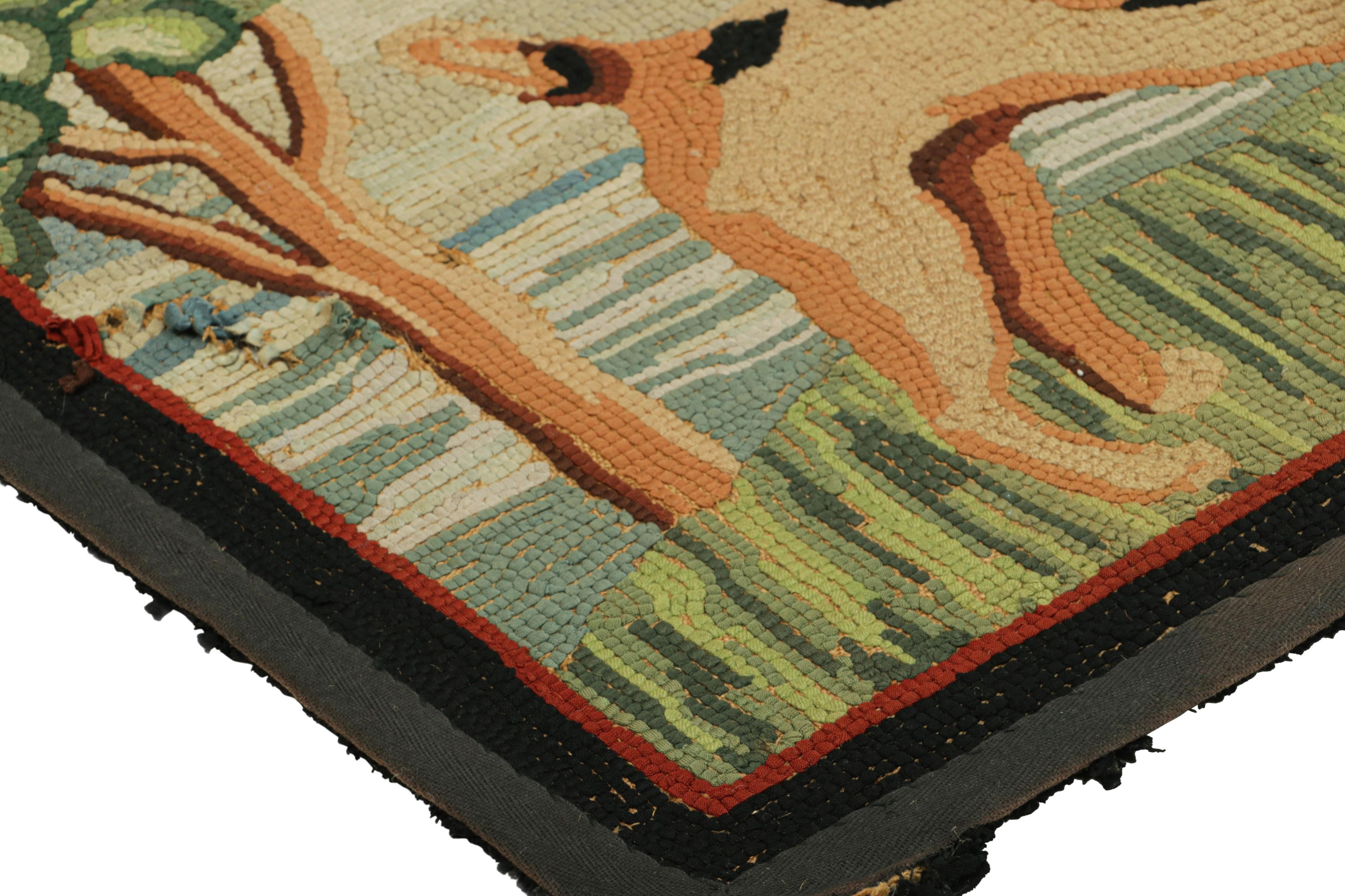 Early 20th Century Antique Hooked Rug in Beige-Brown with Animal Pictorial Patterns  Rug & Kilim For Sale