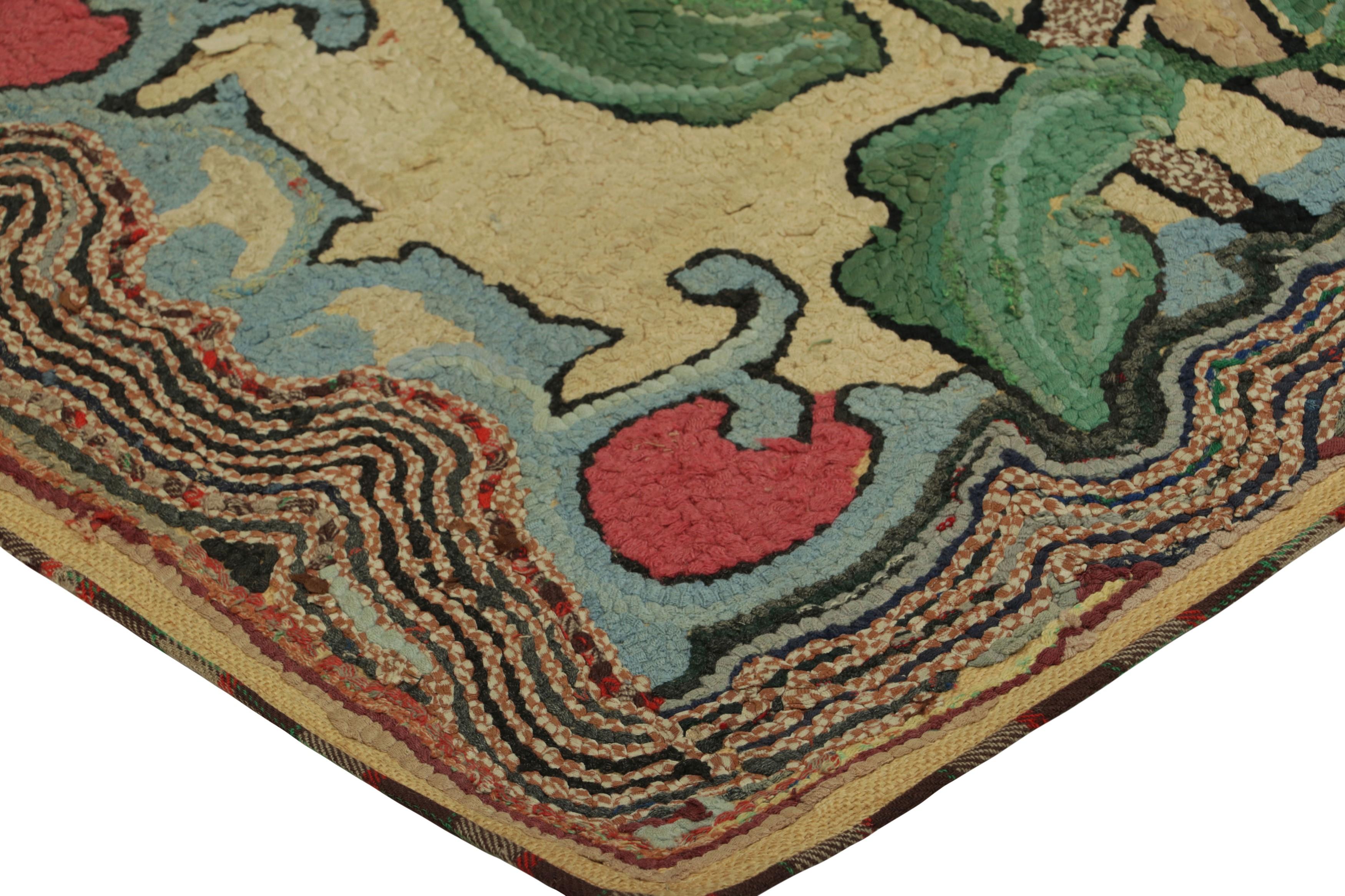 Early 20th Century Antique Hooked Rug in Beige-Brown with Animal Pictorial Patterns  Rug & Kilim For Sale
