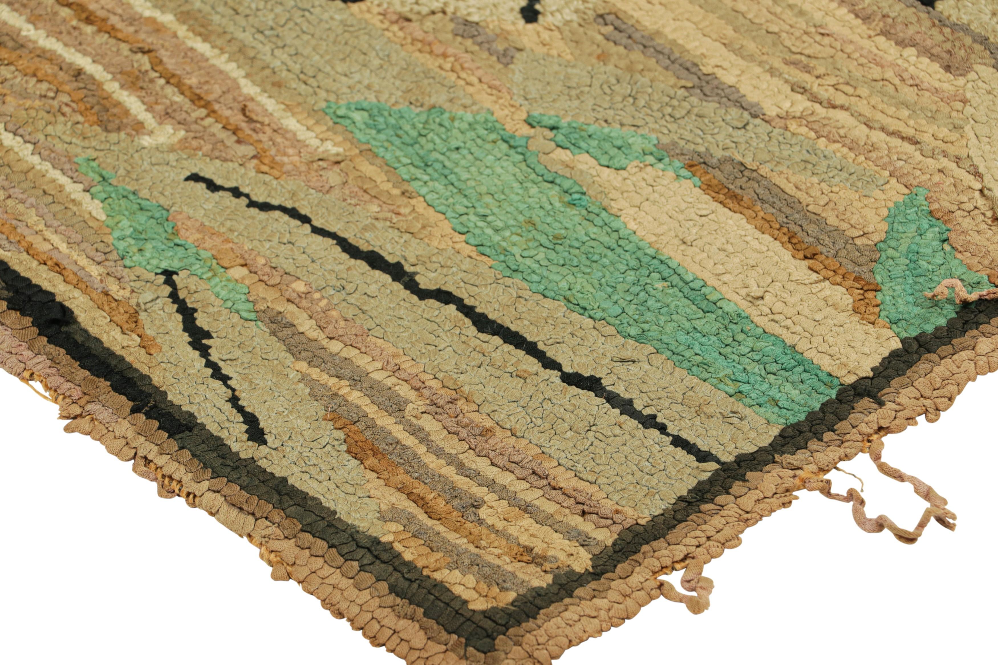 Early 20th Century Antique Hooked Rug in Beige-Brown with Animal Pictorial Patterns  Rug & Kilim For Sale
