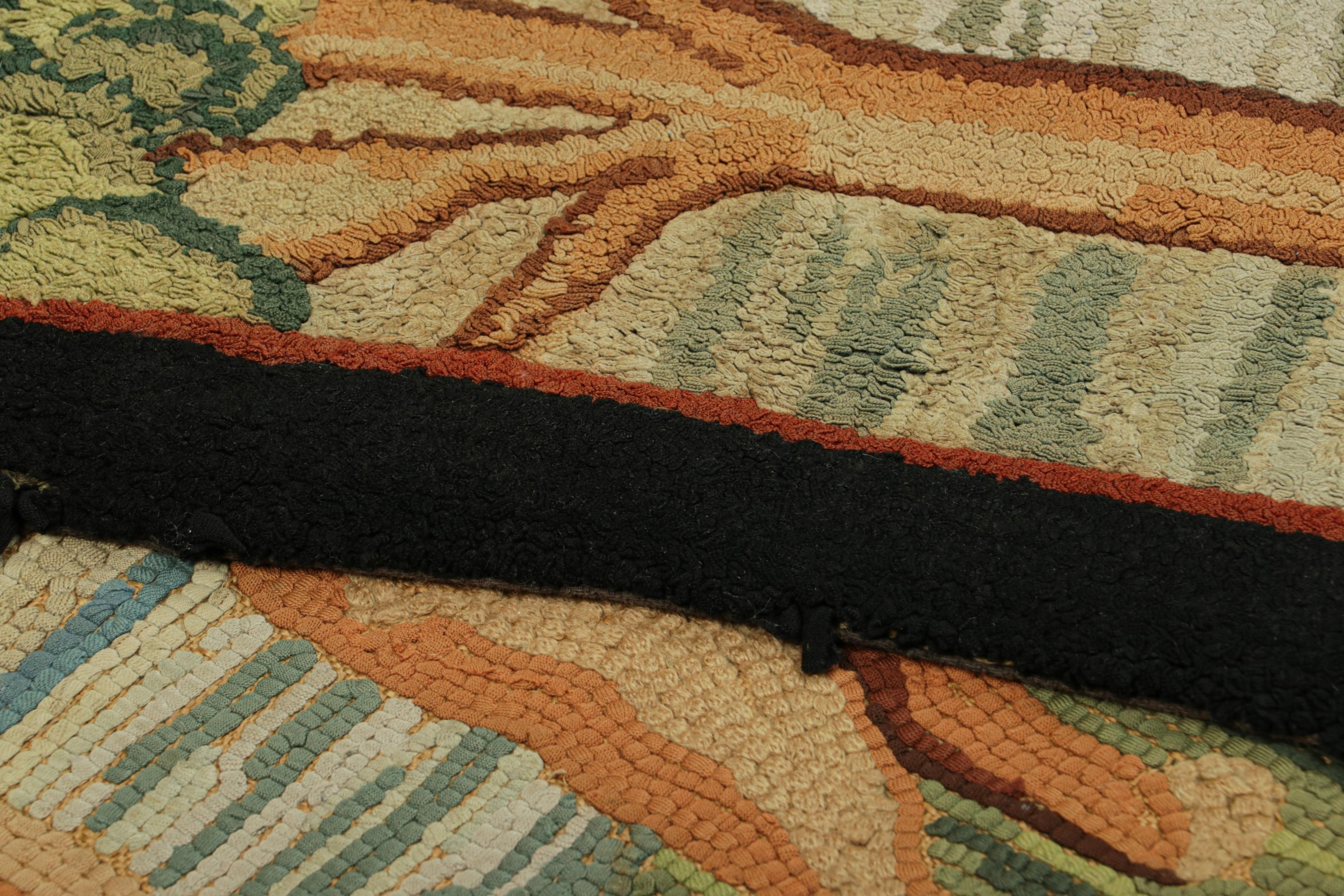 Wool Antique Hooked Rug in Beige-Brown with Animal Pictorial Patterns  Rug & Kilim For Sale