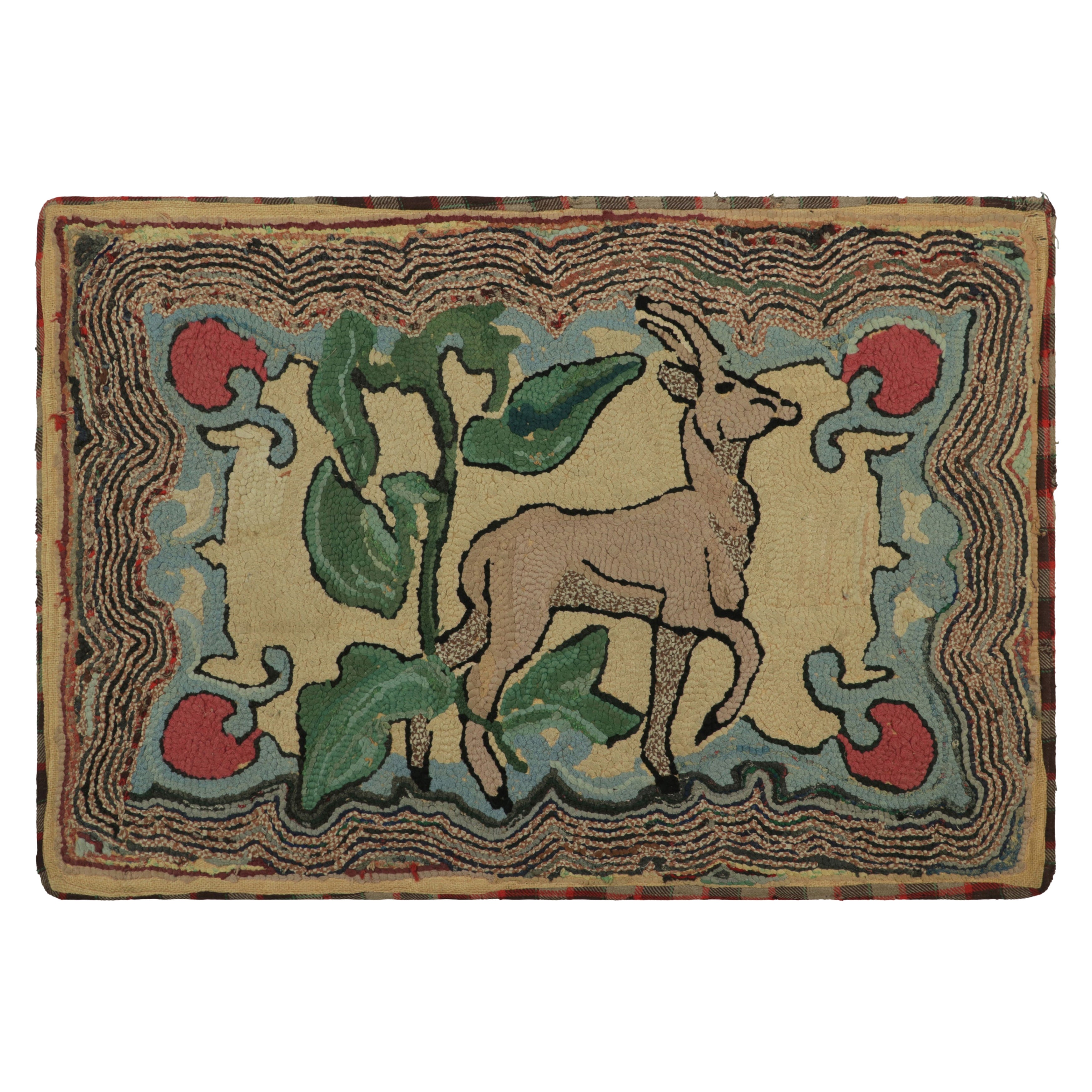 Tappeto antico con ganci in beige-marrone con motivi pittorici di animali  Rug & Kilim