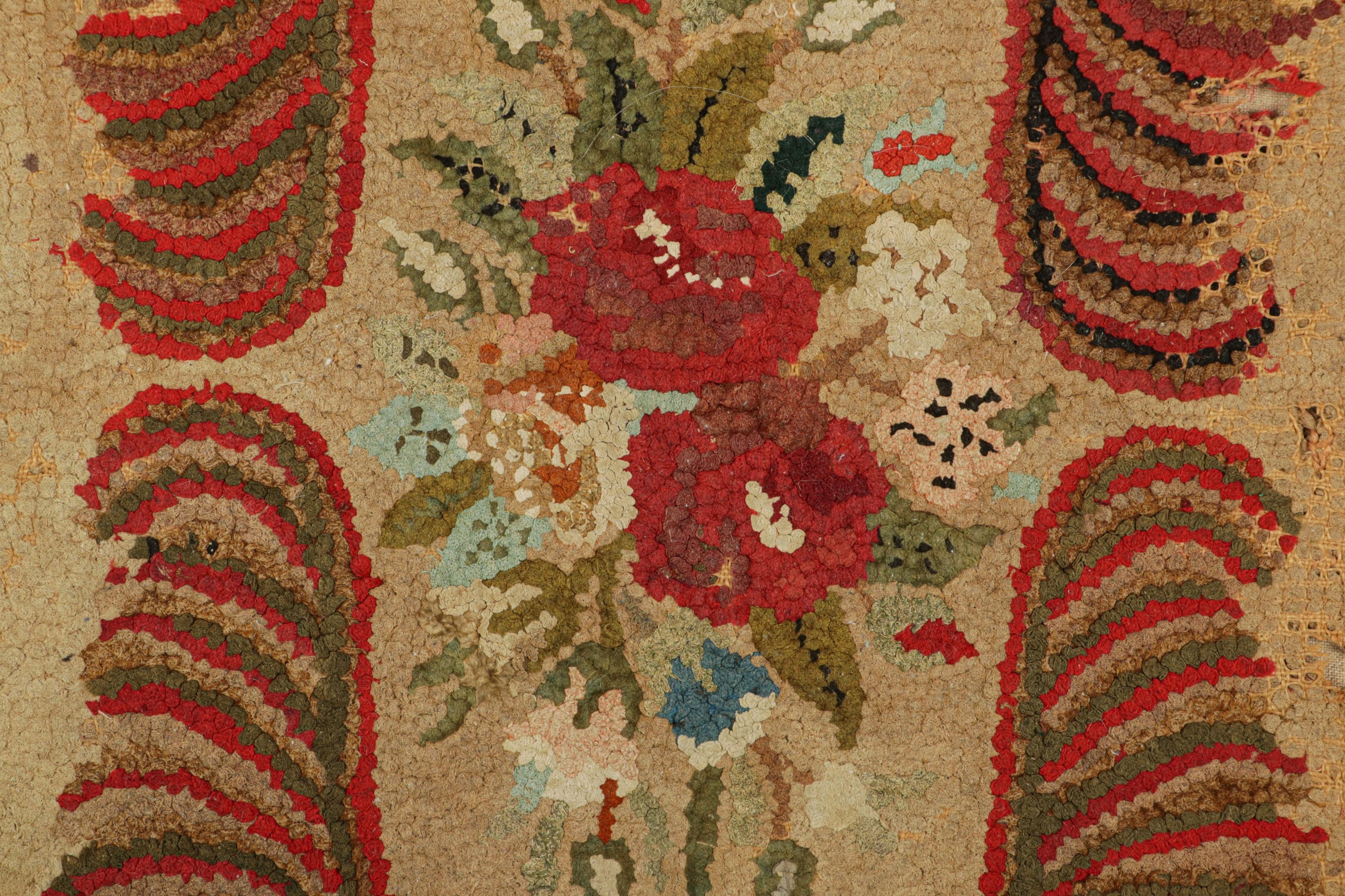 American Antique Hooked Rug in Beige-Brown with Colorful Floral Medallion  Rug & Kilim For Sale