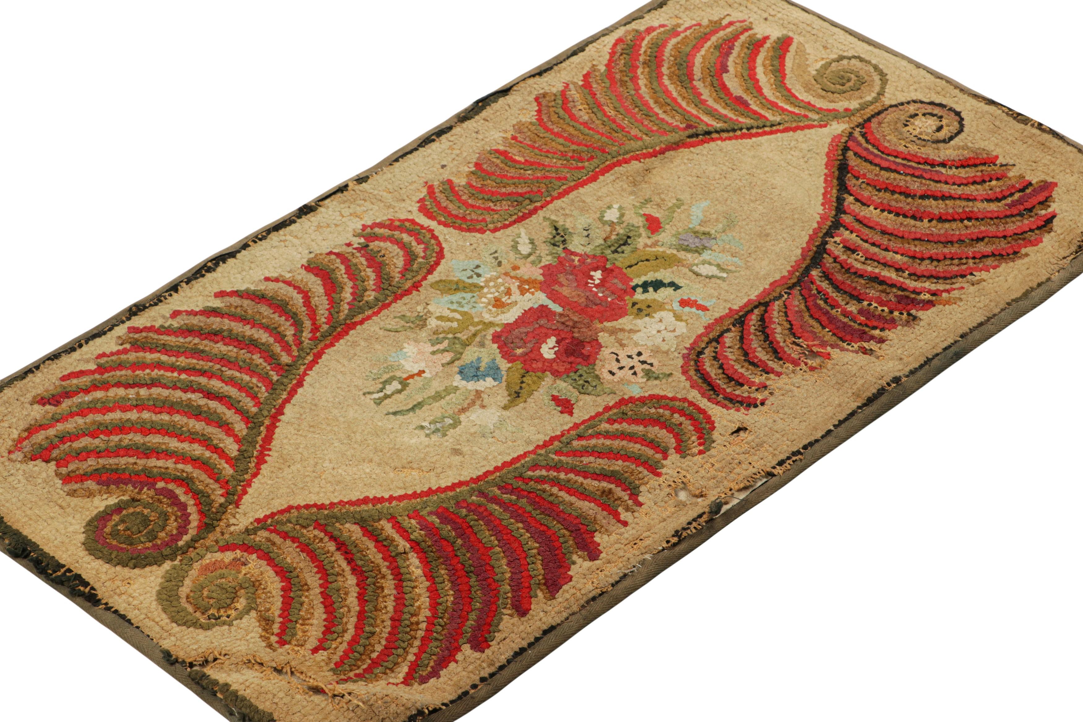 Hand-Knotted Antique Hooked Rug in Beige-Brown with Colorful Floral Medallion  Rug & Kilim For Sale