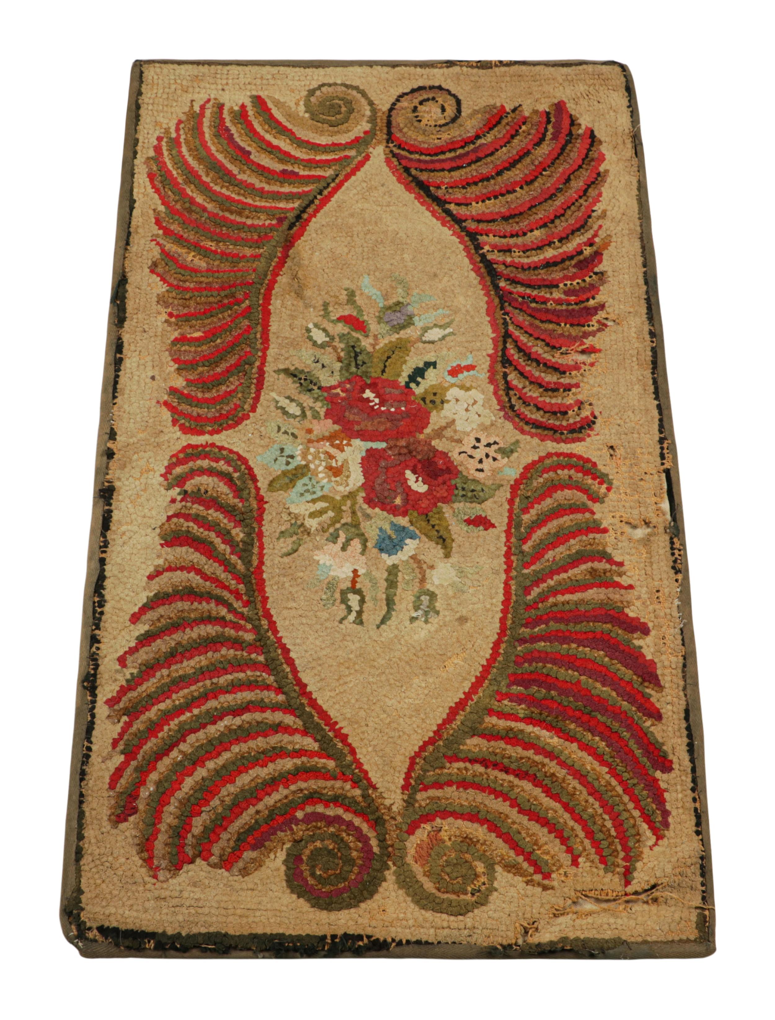 Antique Hooked Rug in Beige-Brown with Colorful Floral Medallion  Rug & Kilim In Good Condition For Sale In Long Island City, NY