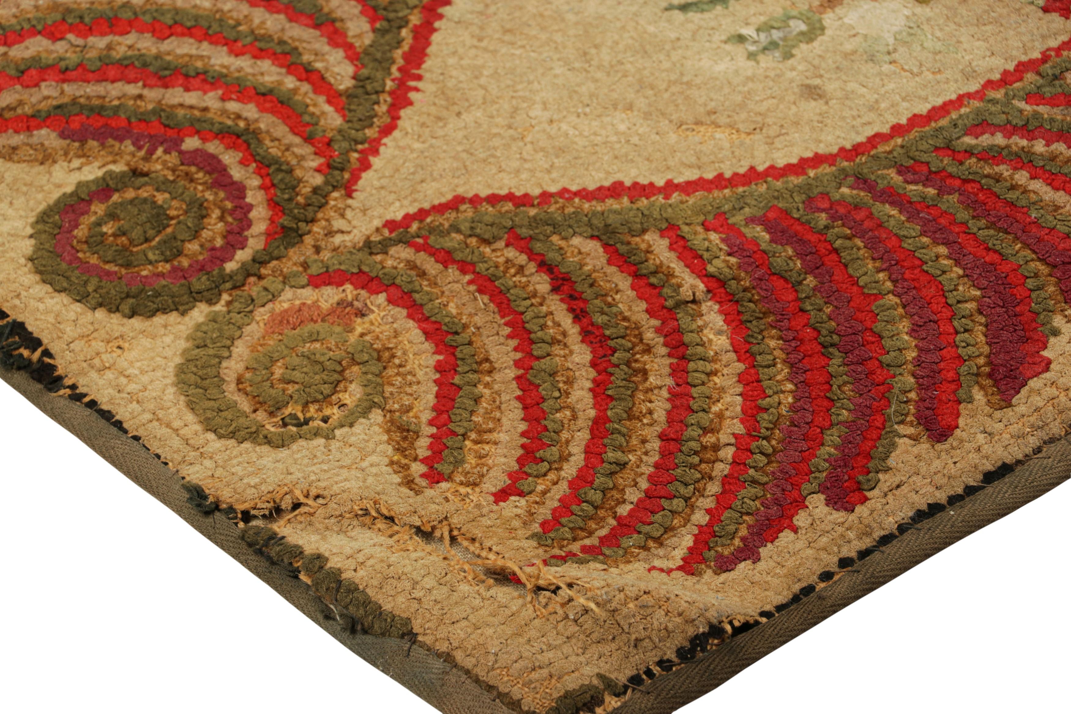 Early 20th Century Antique Hooked Rug in Beige-Brown with Colorful Floral Medallion  Rug & Kilim For Sale