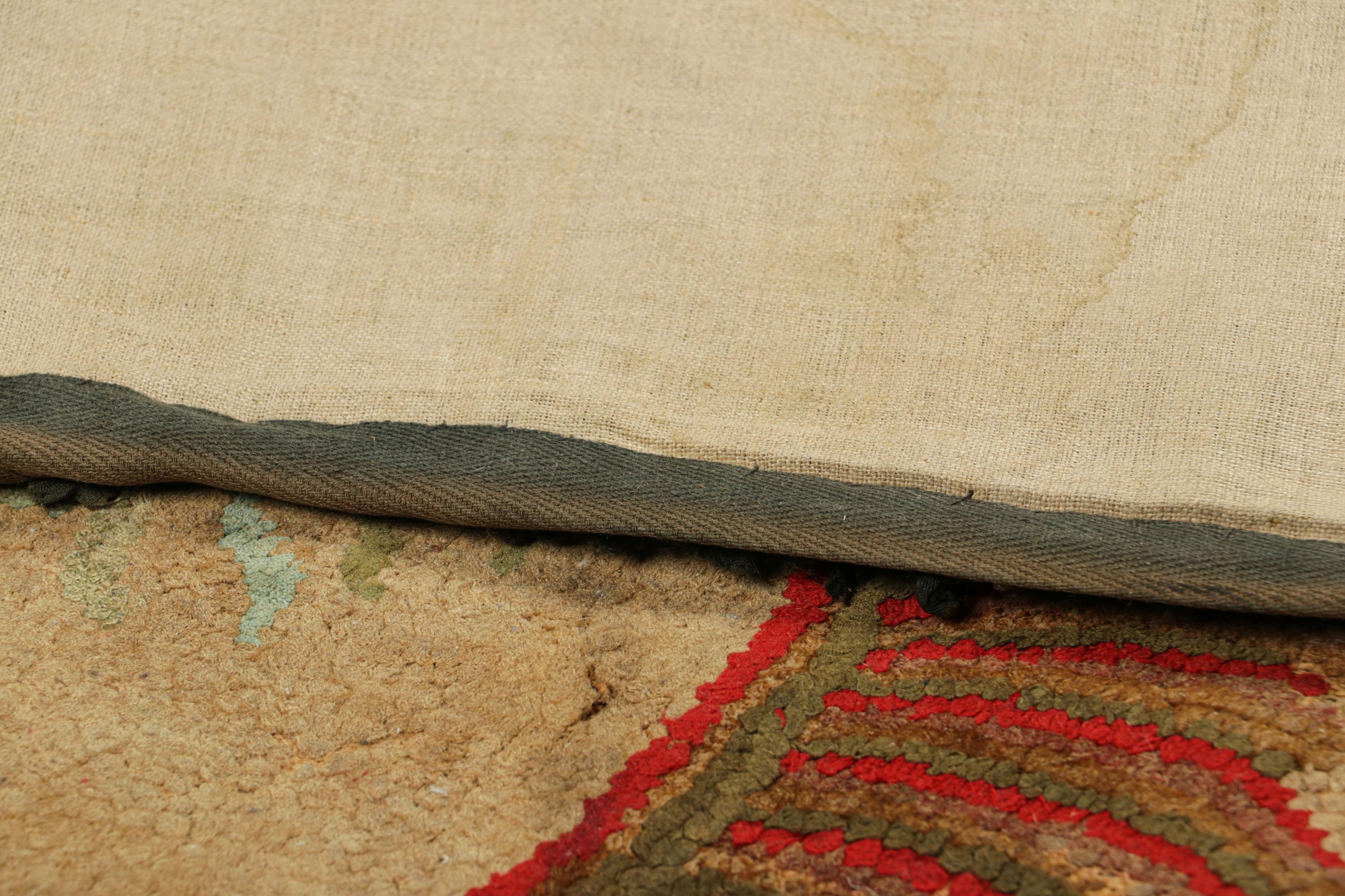 Wool Antique Hooked Rug in Beige-Brown with Colorful Floral Medallion  Rug & Kilim For Sale